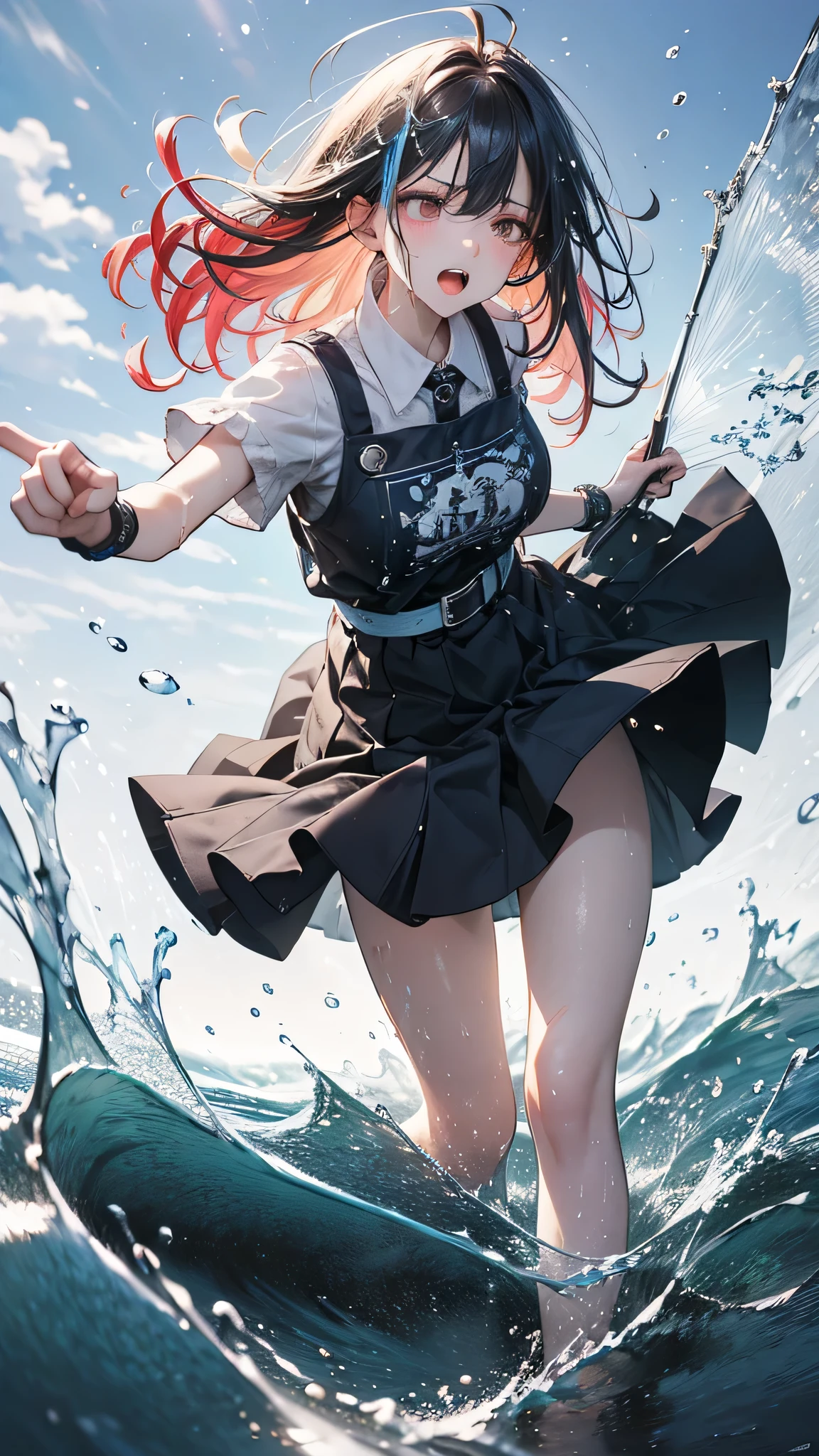 masterpiece, highest quality, (Dynamic pose:0.5), Absurd, One girl,  Fighting Pose, Punch Water, (Attacking with water:1.5) Wet clothes, wet hair, Wet Face, Water behind a person, Multicolored Hair, (Wind:1.4)