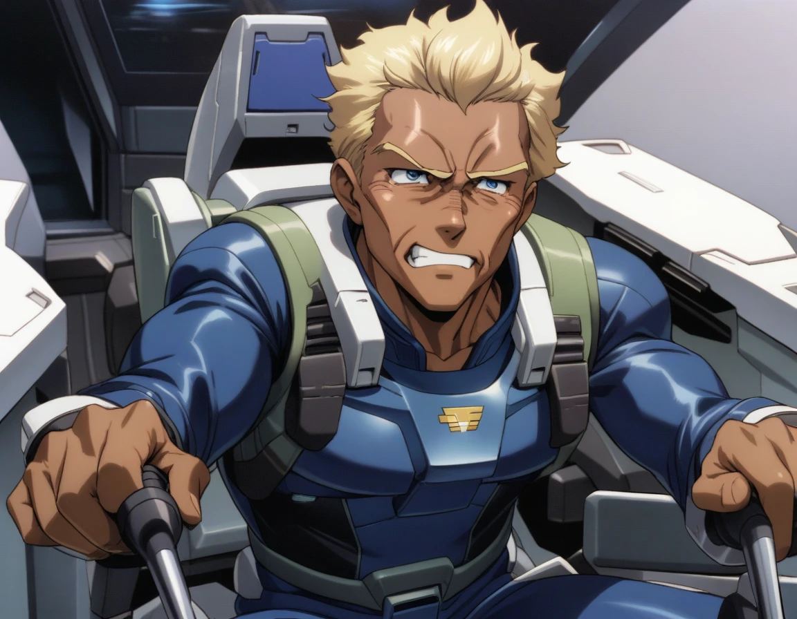 1man, veteran soldier, brown skin, wavy pulled back hair, medium-short hair, pointy nose, forehead, blue eyes, blond mature, facial wrinkles, chiseled face, middle-muscular male, 40yo, ideal ratio body proportions, masculine, square-shaped, BREAK solo, blue pilotsuit, black detailed pilotsuit, sitting, gundam cockpit, holding handles by both arms, from diagonally forward, upper waist, dramatic expression, in robot anime style, 1990s, masterpiece, best quality, extremely all detailed