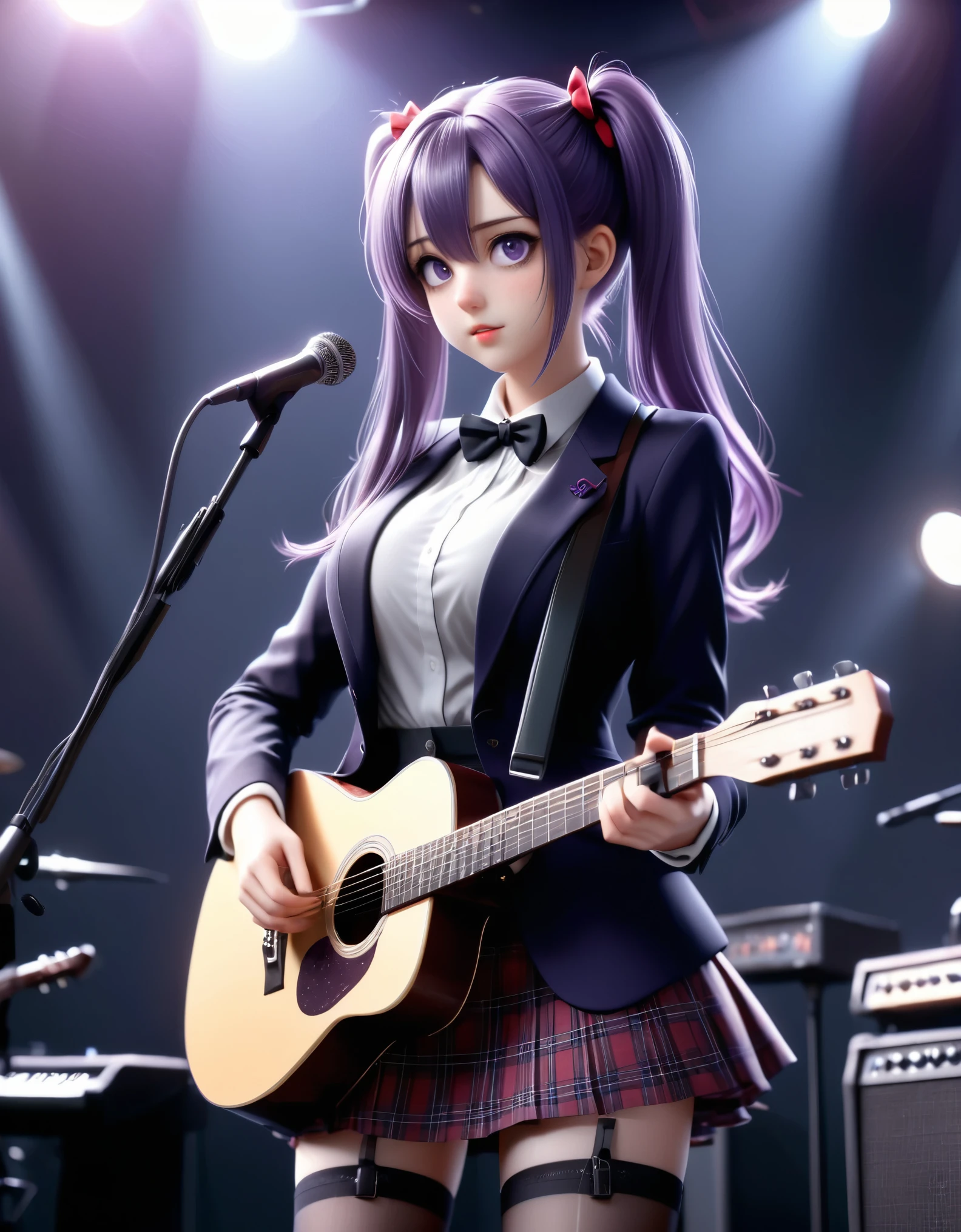 Create a highly detailed and realistic image of a young woman with long, flowing, purple-tinted hair styled in twin tails, performing on stage. She has large, expressive eyes and a gentle, friendly expression. She is wearing a consisting of a dark blazer over a white blouse with a bow tie, a red plaid skirt, and thigh-high stockings. The girl is playing an acoustic guitar, and her fingers are positioned as if strumming. The stage is dimly lit with spotlights, creating a dramatic effect with light and shadows. The background shows the stage setup with microphones, speakers, and rigging. The overall atmosphere is lively and dynamic, capturing the energy of a live performance. The art style should be highly detailed, with a focus on the character's features, clothing textures, and the realistic lighting effects. (complementary colors:1.2), (sharp focus:1.1), (Unreal Engine 5:1.2), (Photo Realistic:1.2), (high quality:1.2), (4K:1.1), (volumetric lighting:1.2), (highly detailed:1.3), (bloom:1.1), (micro details:1.2), (masterpiece:1.3), (luminescent:1.1), (aesthetic:1.3), (beautiful:1.3), (HDR:1.2), (dynamic composition:1.2), (captivating atmosphere:1.2), (immersive experience:1.3), (innovative design:1.2), (cinematic excellence:1.3), (timeless elegance:1.1), (visual storytelling:1.2), (technological marvel:1.2), (artistic finesse:1.3), (ethereal beauty:1.1), (creative brilliance:1.2)