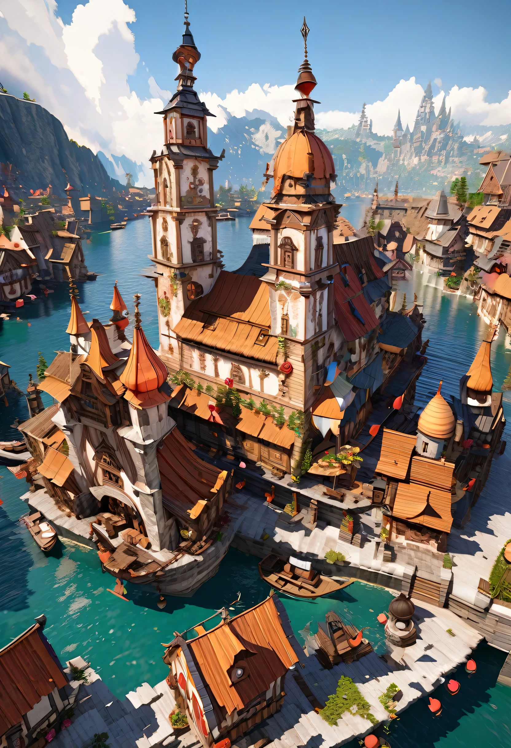 Fantasy painting of a riverside village, Render in Cinema4D, Bulbous, Precise nautical details, Creative character design, Whimsical cartoon style, 32k uhd --ar 2:1