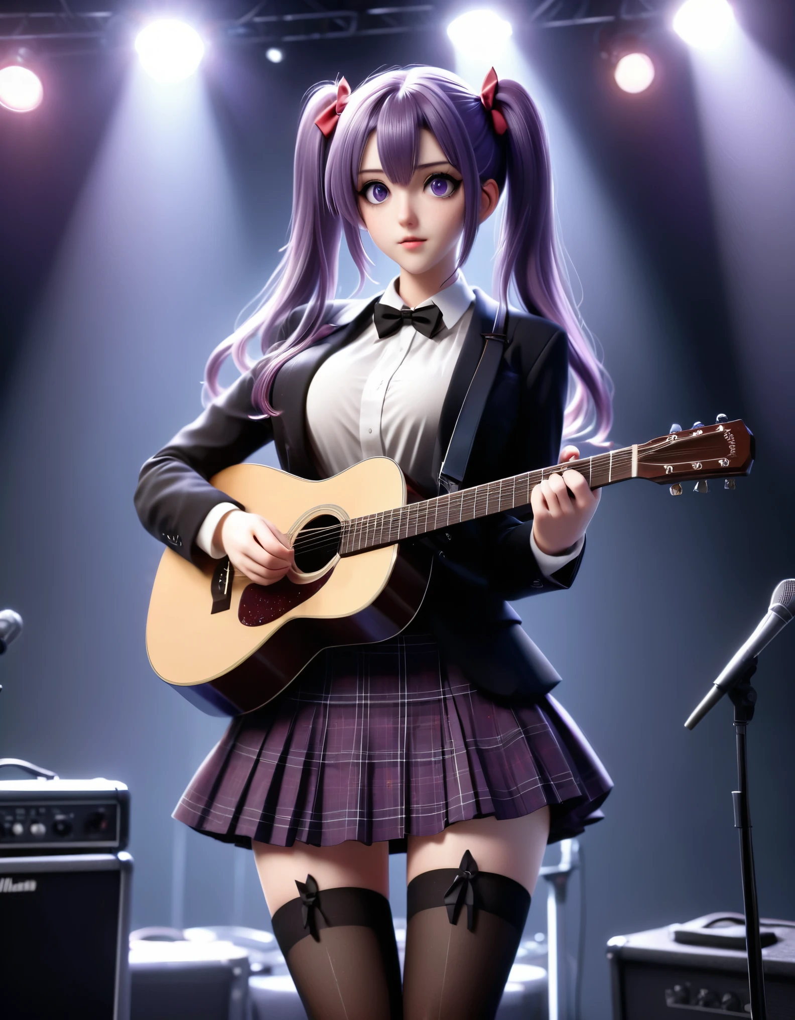 Create a highly detailed and realistic image of a young woman with long, flowing, purple-tinted hair styled in twin tails, performing on stage. She has large, expressive eyes and a gentle, friendly expression. She is wearing a consisting of a dark blazer over a white blouse with a bow tie, a red plaid skirt, and thigh-high stockings. The girl is playing an acoustic guitar, and her fingers are positioned as if strumming. The stage is dimly lit with spotlights, creating a dramatic effect with light and shadows. The background shows the stage setup with microphones, speakers, and rigging. The overall atmosphere is lively and dynamic, capturing the energy of a live performance. The art style should be highly detailed, with a focus on the character's features, clothing textures, and the realistic lighting effects. (complementary colors:1.2), (sharp focus:1.1), (Unreal Engine 5:1.2), (Photo Realistic:1.2), (high quality:1.2), (4K:1.1), (volumetric lighting:1.2), (highly detailed:1.3), (bloom:1.1), (micro details:1.2), (masterpiece:1.3), (luminescent:1.1), (aesthetic:1.3), (beautiful:1.3), (HDR:1.2), (dynamic composition:1.2), (captivating atmosphere:1.2), (immersive experience:1.3), (innovative design:1.2), (cinematic excellence:1.3), (timeless elegance:1.1), (visual storytelling:1.2), (technological marvel:1.2), (artistic finesse:1.3), (ethereal beauty:1.1), (creative brilliance:1.2)