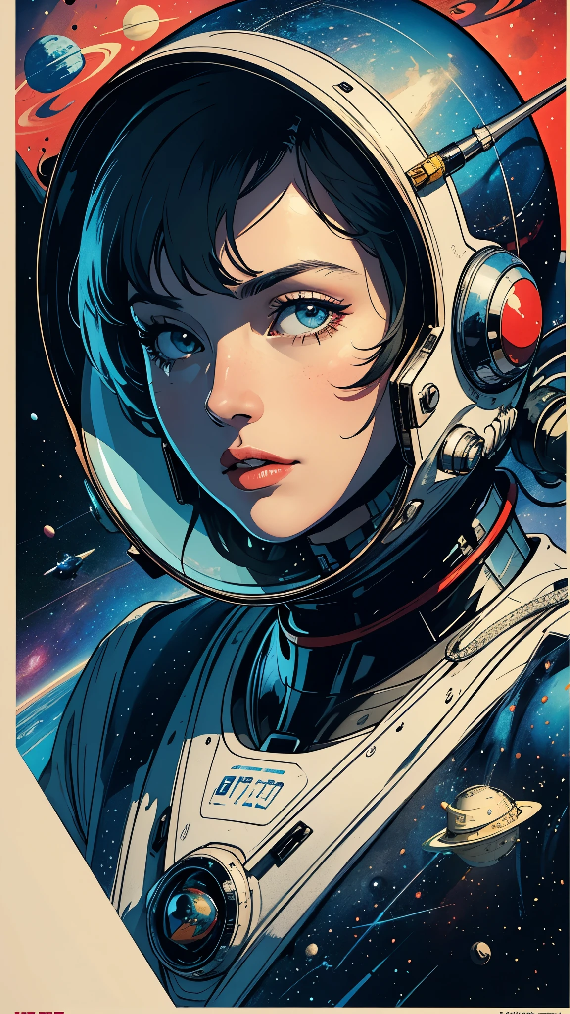 ((masterpiece, highest quality)), 32k wallpaper, very detailed, poster, vintage science fiction, 1960s,(((space thriller cinematic movie poster))), (bauhaus), shape,abstract, mid century modern, movie poster, vintage, Perfect Lady,anime,1970's,halftone,speech bubble,galaxy,(super hero),((portfolio,Close-up))