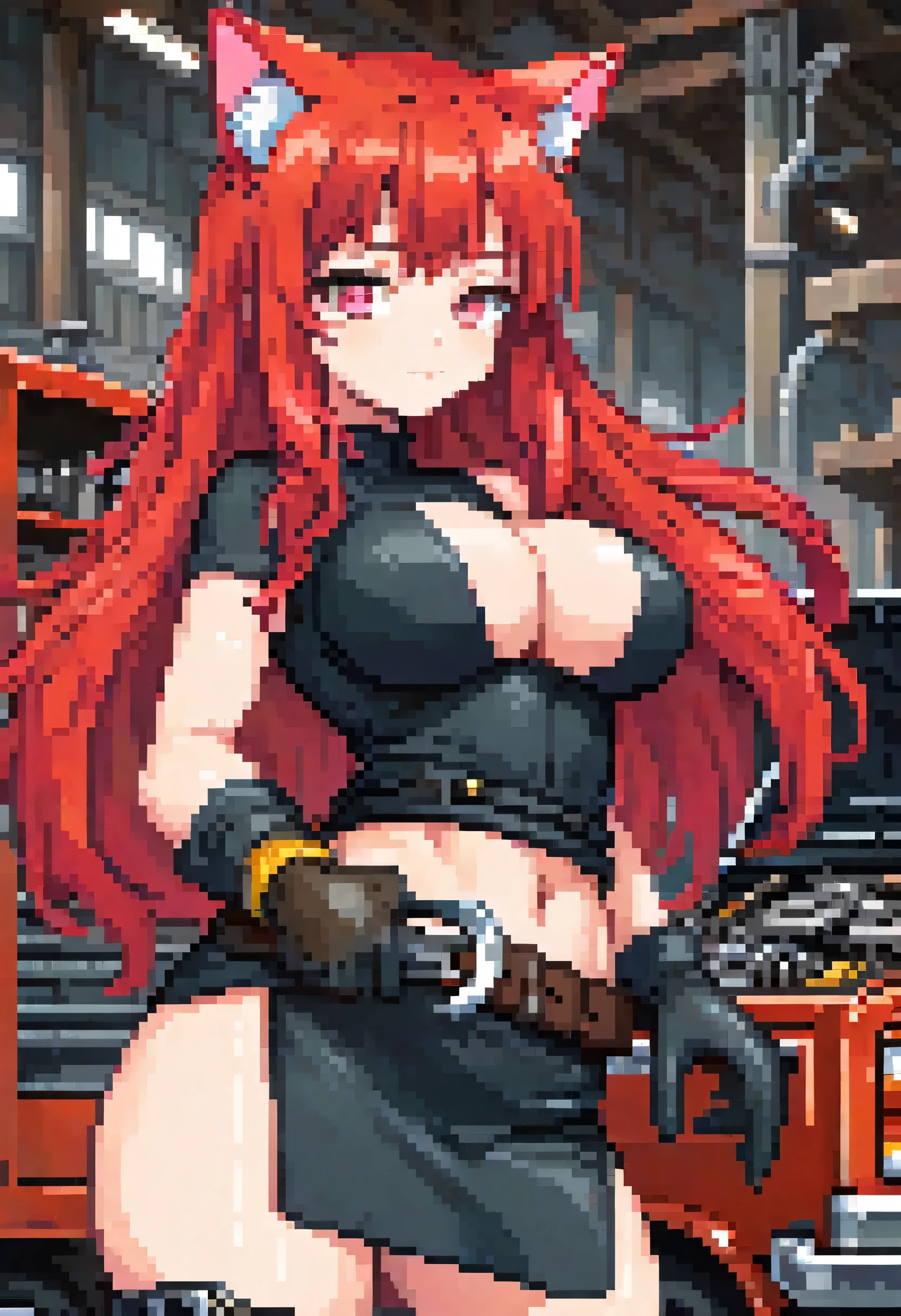 (masterpiece, best quality:1.2) best quality, masterpiece, highres, focus, anime style, a closeup of a cartoon of a woman, girl design, portrait, giesha, anime image, long hair, red hair, heterochromia eyes, hair covering ears, cat ears, horny and shy look, nude ,pink gloves, black belt around waist, round thick giant breasts, ((huge breasts)), ((large breasts)) ,engineer, engineer tools, erect nipples, mechanic, tools, tools in hand, black tighs, wrench , wrench in hand, toolbox