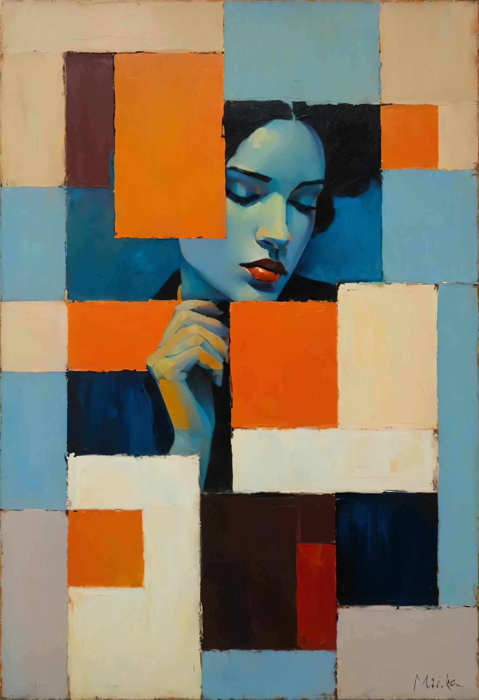 Create an evocative oil painting inspired by Malcolm Liepke, Capture the man's introspective expression and refined mood using thick, expressive brushstrokes. Infuse the painting with a warm, muted color palette, incorporating earthy tones and deep blues. Highlight the dramatic interplay of light and shadow, casting a soft, golden glow from the window. Emphasize the tactile quality of the oil paint and maintain a simple, textured background that complements the subject's contemplative presence. Blurry effect