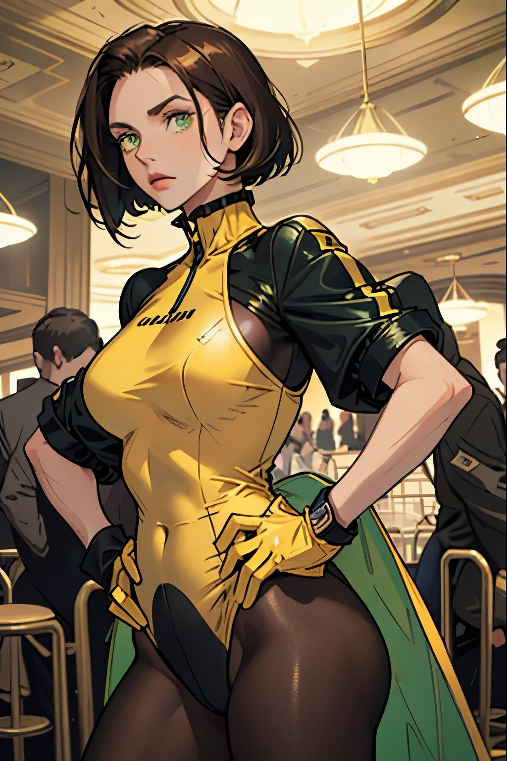 One girl, Mature Adult, Dark brown hair, Yellow leotard,gloves, Hands on hips, casino, bracelet, Green Eyes, alone, single, Bob Hair