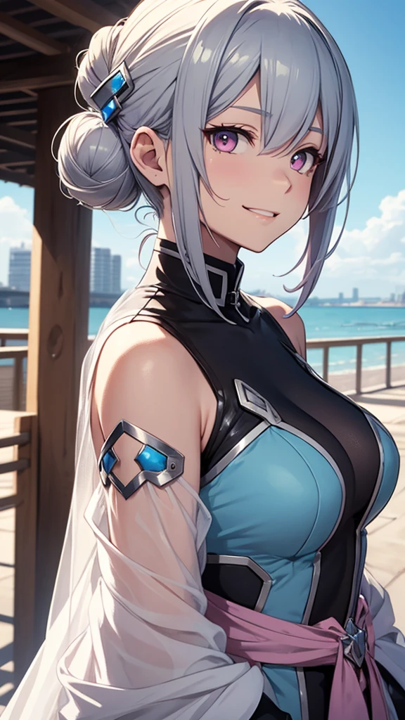 detailed、1 character、pastel washed out colors、cell shade、Soft and calm colors、gentle color、Blue archive art style、Sword Art Online and wearing futuristic style clothes、Beautiful woman、small breasts、Short silver bob hair in a bun with a hair clip、pink eyes、From the side、gloves、bright smile、upper body close-up、blue sky、on the large terrace、sharp outline