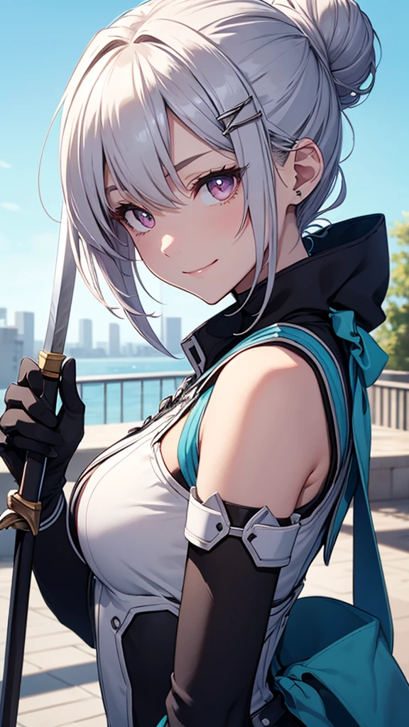 detailed、1 character、pastel washed out colors、cell shade、Soft and calm colors、gentle color、Blue archive art style、Sword Art Online and wearing futuristic style clothes、Beautiful woman、small breasts、Short silver bob hair in a bun with a hair clip、pink eyes、From the side、gloves、bright smile、upper body close-up、blue sky、on the large terrace、sharp outline