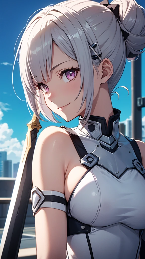 detailed、1 character、pastel washed out colors、cell shade、Soft and calm colors、gentle color、Blue archive art style、Sword Art Online and wearing futuristic style clothes、Beautiful woman、small breasts、Short silver bob hair in a bun with a hair clip、pink eyes、From the side、gloves、bright smile、upper body close-up、blue sky、on the large terrace、sharp outline