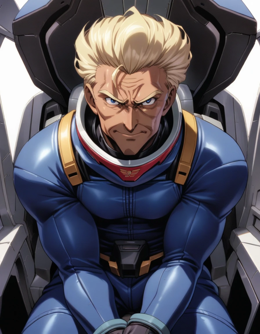 1man, veteran soldier, brown skin, wavy pulled back hair, medium-short hair, pointy nose, forehead, blue eyes, blond mature, facial wrinkles, chiseled face, middle-muscular male, 40yo, ideal ratio body proportions, masculine, square-shaped, BREAK solo, blue pilotsuit, black detailed pilotsuit, sitting, gundam cockpit, holding handles by both arms, from diagonally forward, upper waist, dramatic expression, in robot anime style, 1990s, masterpiece, best quality, extremely all detailed