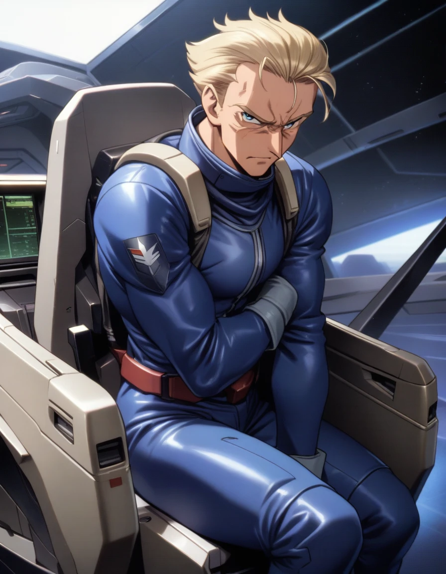 1man, veteran soldier, brown skin, wavy pulled back hair, medium-short hair, pointy nose, forehead, blue eyes, blond mature, facial wrinkles, chiseled face, middle-muscular male, 40yo, ideal ratio body proportions, masculine, square-shaped, BREAK solo, blue pilotsuit, black detailed pilotsuit, sitting, gundam cockpit, holding handles by both arms, from diagonally forward, upper waist, dramatic expression, in robot anime style, 1990s, masterpiece, best quality, extremely all detailed