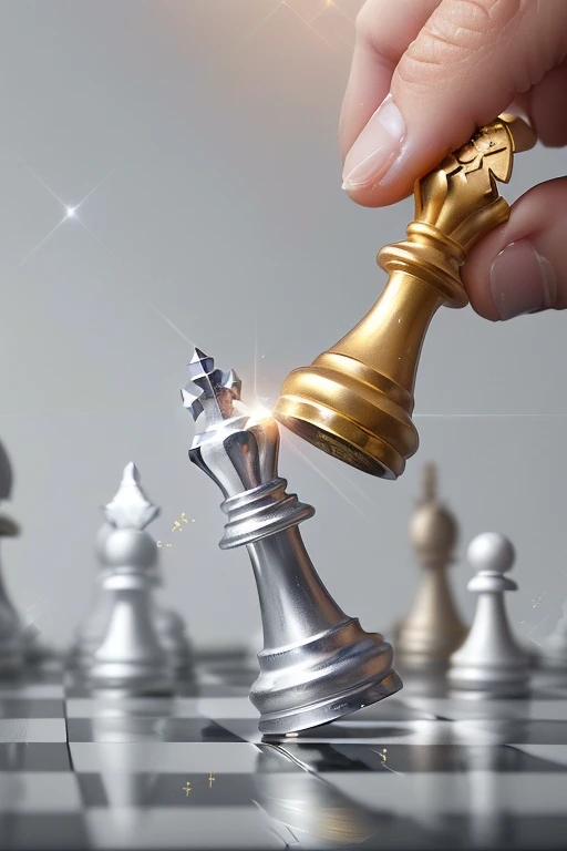 someone is playing chess with a golden king on a chess board, chess game, playing chess, !!playing chess!!, ( queen chess piece, queen chess piece, chess, chess piece, chess tournament, knight chess, close to defeat, leading a battle, battle position, beautiful image, silver and gold, photoshoot, strategy game, competition, rendering of checkmate