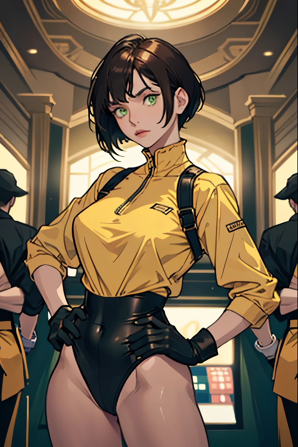 One girl, Mature Adult, Dark brown hair, Yellow leotard,gloves, Hands on hips, casino, bracelet, Green Eyes, alone, single, Bob Hair
