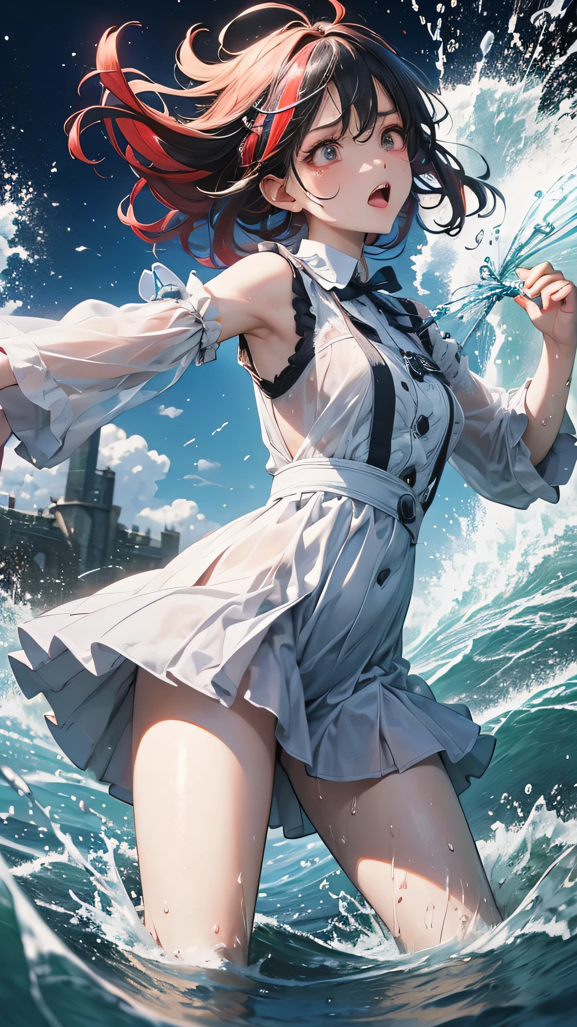 masterpiece, highest quality, (Dynamic pose:0.5), Absurd, One girl,  Fighting Pose, Punch Water, (Attacking with water:1.5) Wet clothes, wet hair, Wet Face, Water behind a person, Multicolored Hair, (Wind:1.4)