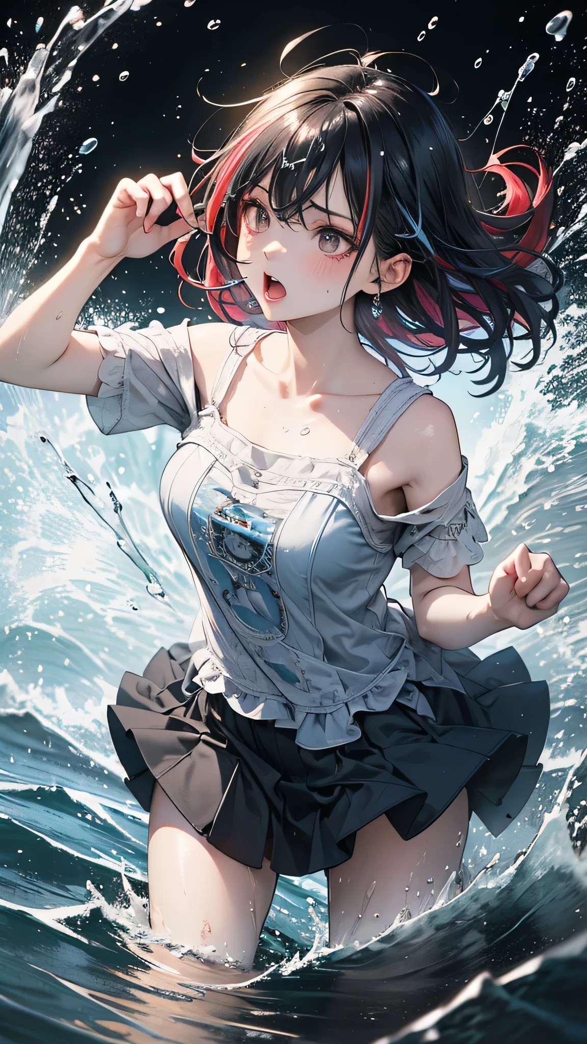 masterpiece, highest quality, (Dynamic pose:0.5), Absurd, One girl,  Fighting Pose, Punch Water, (Attacking with water:1.5) Wet clothes, wet hair, Wet Face, Water behind a person, Multicolored Hair, (Wind:1.4)