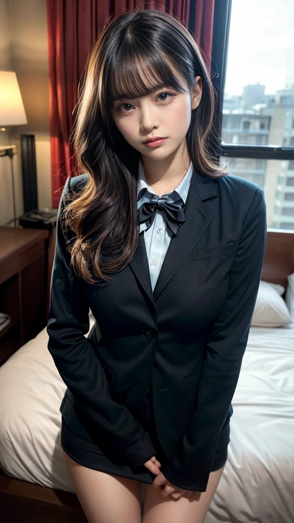 masterpiece, best quality, illustration, Super detailed, fine details, High resolution, 8K,wall paper, perfect dynamic composition,(Details High quality, realistic depiction of eyes:1.3), short hair, (wavy hair:1.2), Office Lady, ,Suit,Collared shirt, Black Suit,Black jacket, huge breasts, swollen breasts, Don't expose it, black hair color, Big Natural Color Lip, bold sexy pose, crying a little、cold gaze, Harajuku style、20 year old girl、cute type、ta、beautiful legs, hotel room, full body photo、focus on crotch, hposing Gravure Idol, Sexy shot looking at camera, Sunset, by the window, Summer, make up, Curve