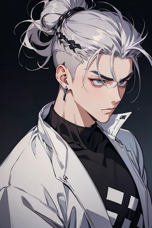 Anime man gradient gray hair on shaved sides flips hair to the left side in the middle serious face with black earrings sweatshirt big dark circles eyes extremely perfect hair bun 