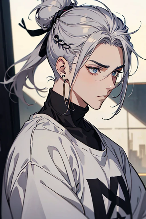 Anime man gradient gray hair on shaved sides flips hair to the left side in the middle serious face with black earrings sweatshirt big dark circles eyes extremely perfect hair bun 