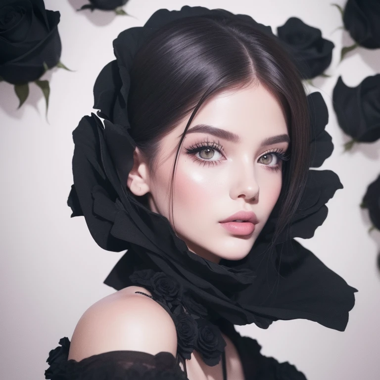 Spectacular unforgettable girl, delicate pink lips, ((She is shrouded in black roses)), new wave style, hairstyle, anatomical precision, double effects, random angle,, professional photo, gouache+ink+fine line drawing, extremely detailed, best quality, (Masterpiece:1.5), (best quality:1.5). 