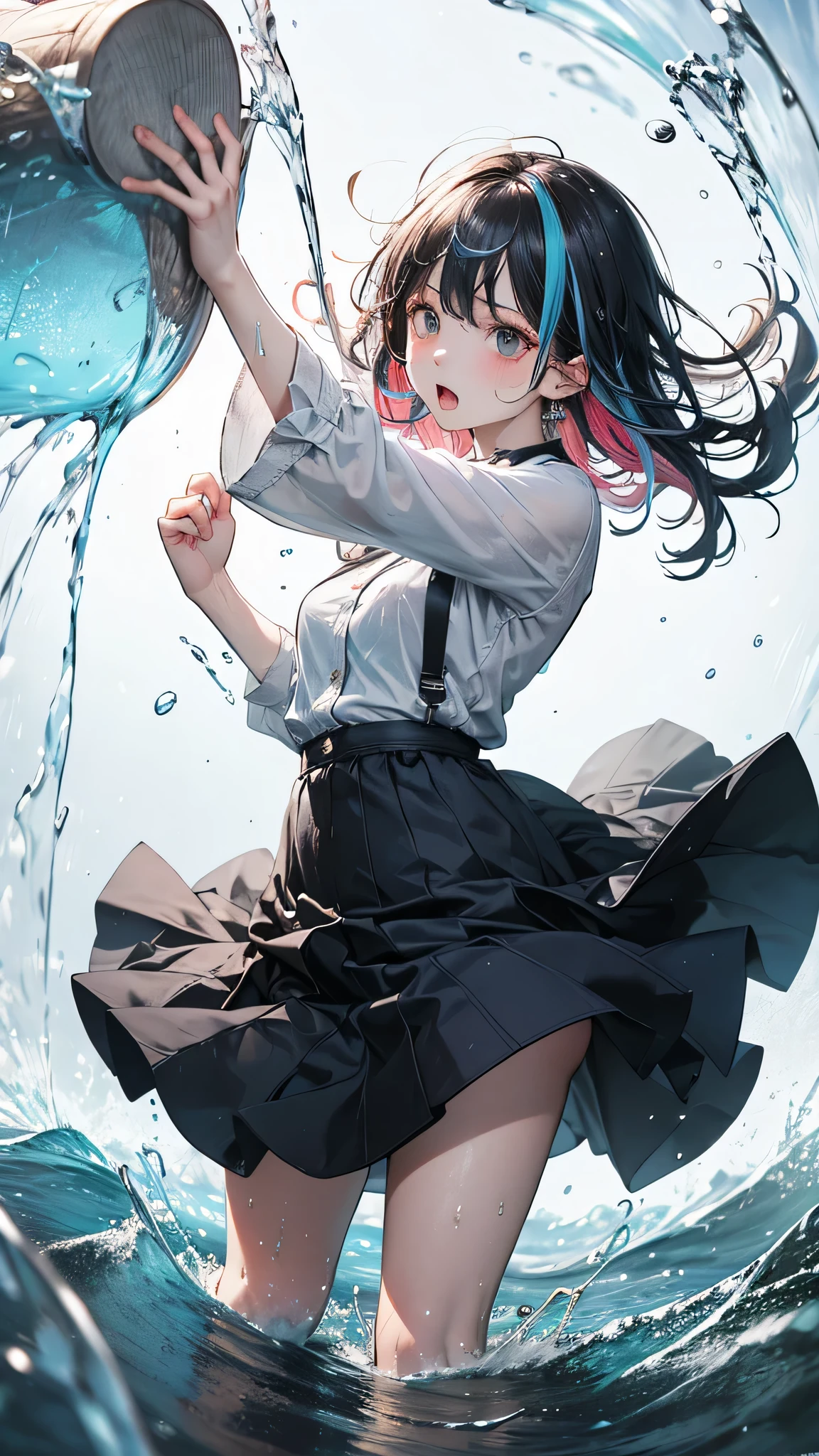 masterpiece, highest quality, (Dynamic pose:0.5), Absurd, One girl, Fighting Pose, Punch Water, (Attacking with water:1.5) Wet clothes, wet hair, Wet Face, Water behind a person, Multicolored Hair, (Wind:1.4)