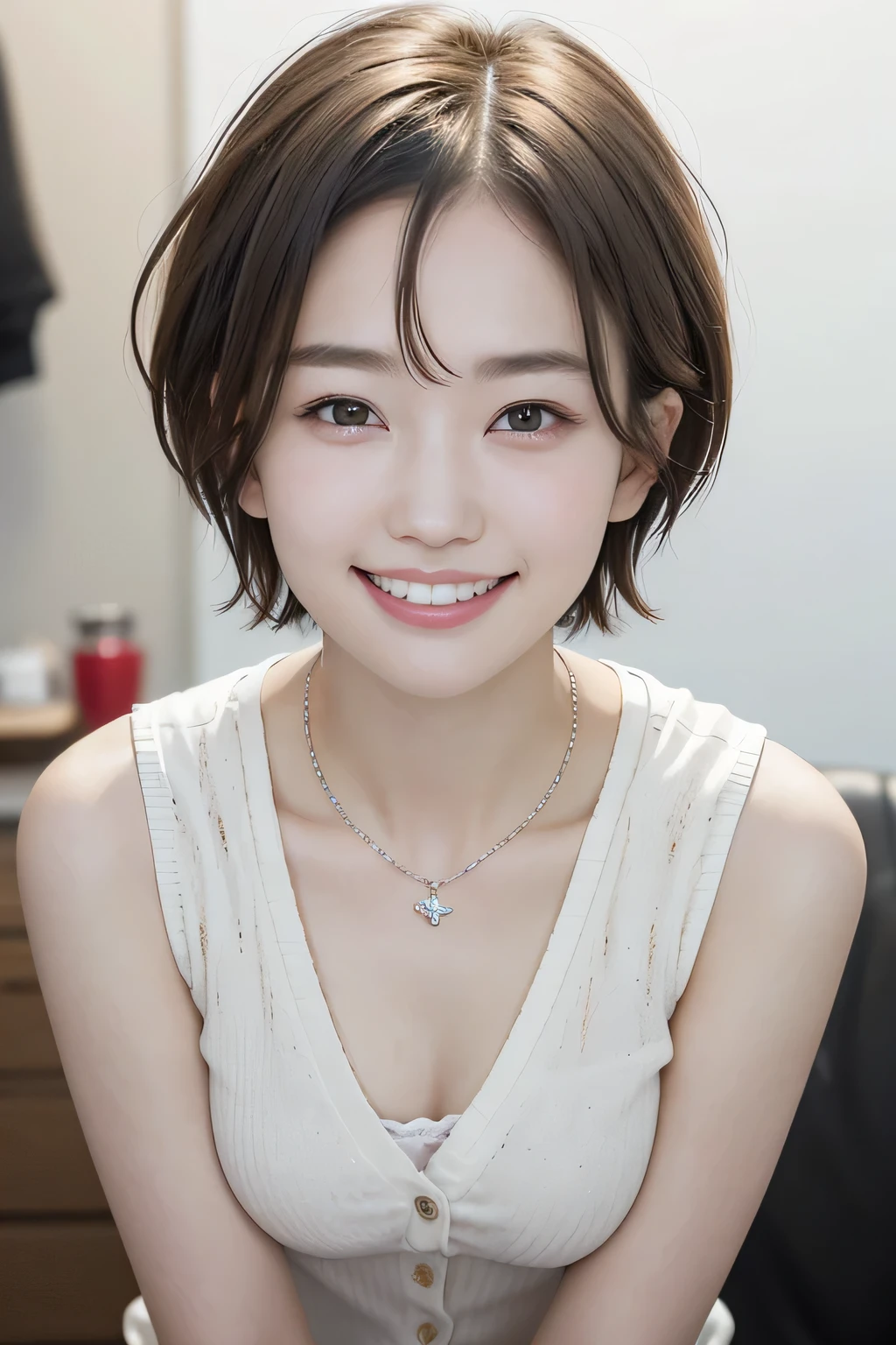 205 ((short hair)), 20-year-old female, In underwear、cardigan、Open your mouth、smile、Beautiful teeth alignment、Black Hair、ear piercing、Necklace around the neck、Looking into the camera, Waiting for the start