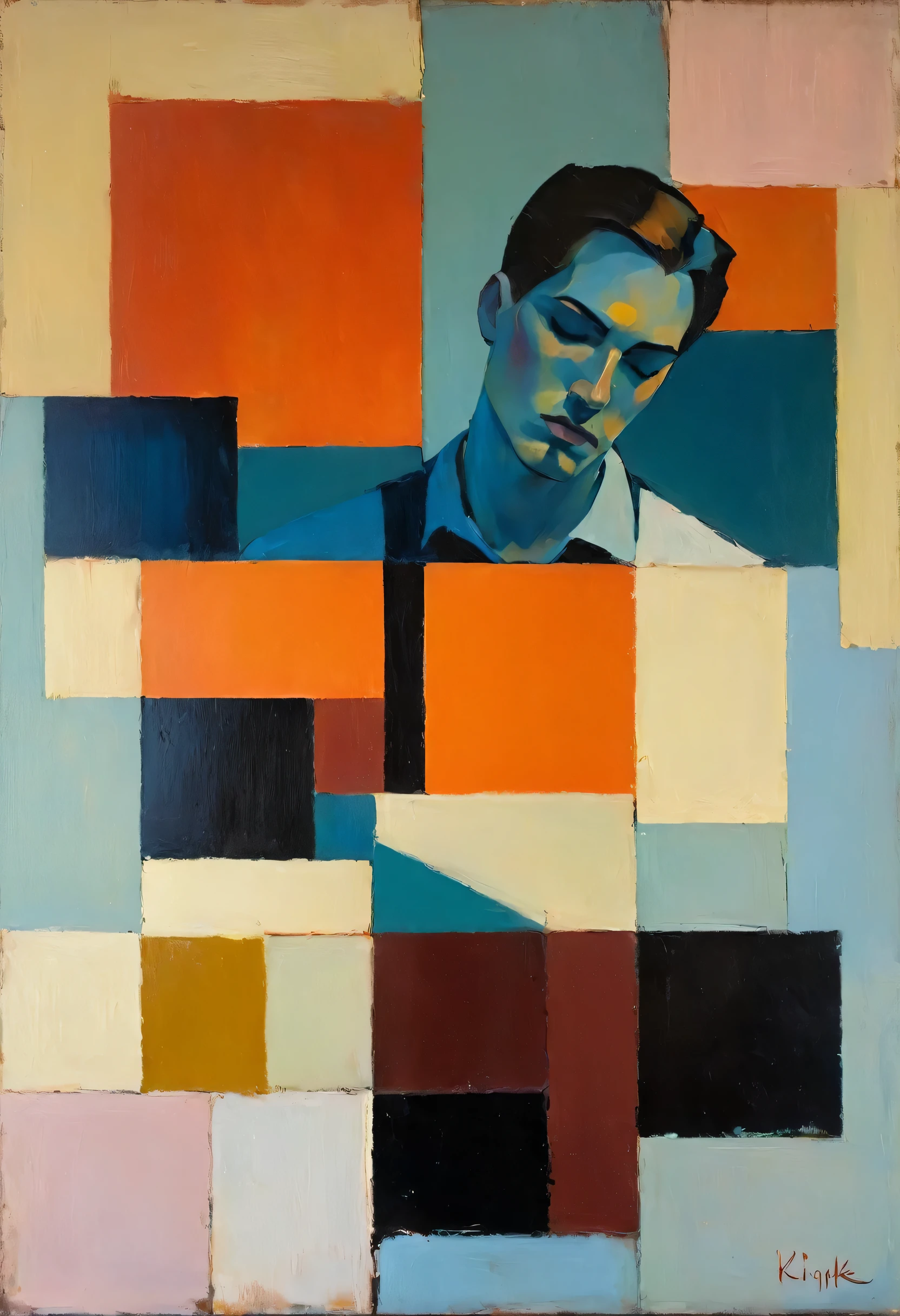 Create an evocative oil painting inspired by Malcolm Liepke, Capture the man's introspective expression and refined mood using thick, expressive brushstrokes. Infuse the painting with a warm, muted color palette, incorporating earthy tones and deep blues. Highlight the dramatic interplay of light and shadow, casting a soft, golden glow from the window. Emphasize the tactile quality of the oil paint and maintain a simple, textured background that complements the subject's contemplative presence. Blurry effect