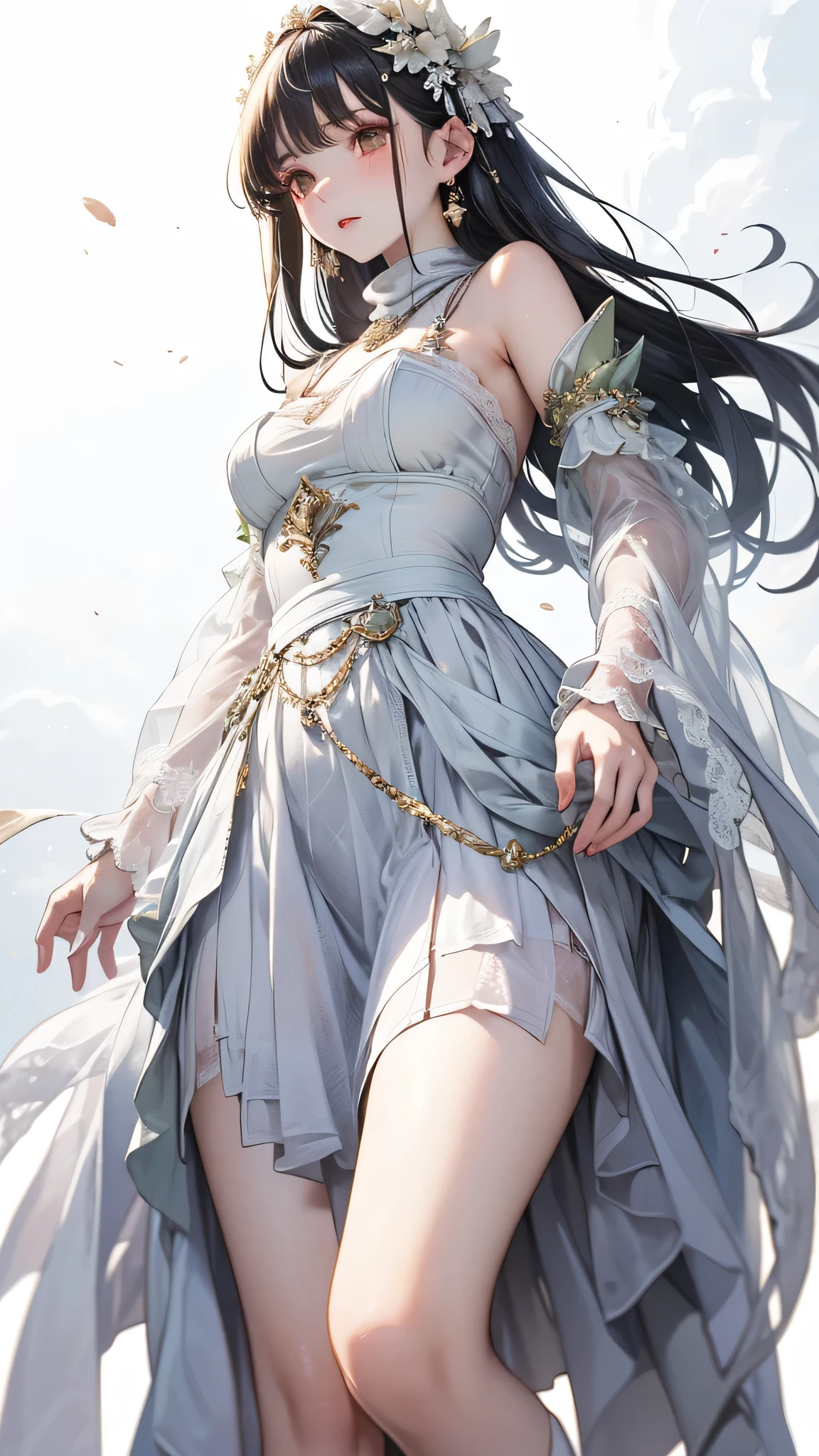 masterpiece, highest quality, Realistic, (1 girl: 1.3), green、Money、White clothes, Shawl Long Hair, Jump, leap, dance, green、Money、White clothes, Long skirt, Long scarf, Flowing, Light Armor, Pure white skin, Exposing shoulders, whole body, (From below:1.5), martial arts, dynamics, inflammation, particle