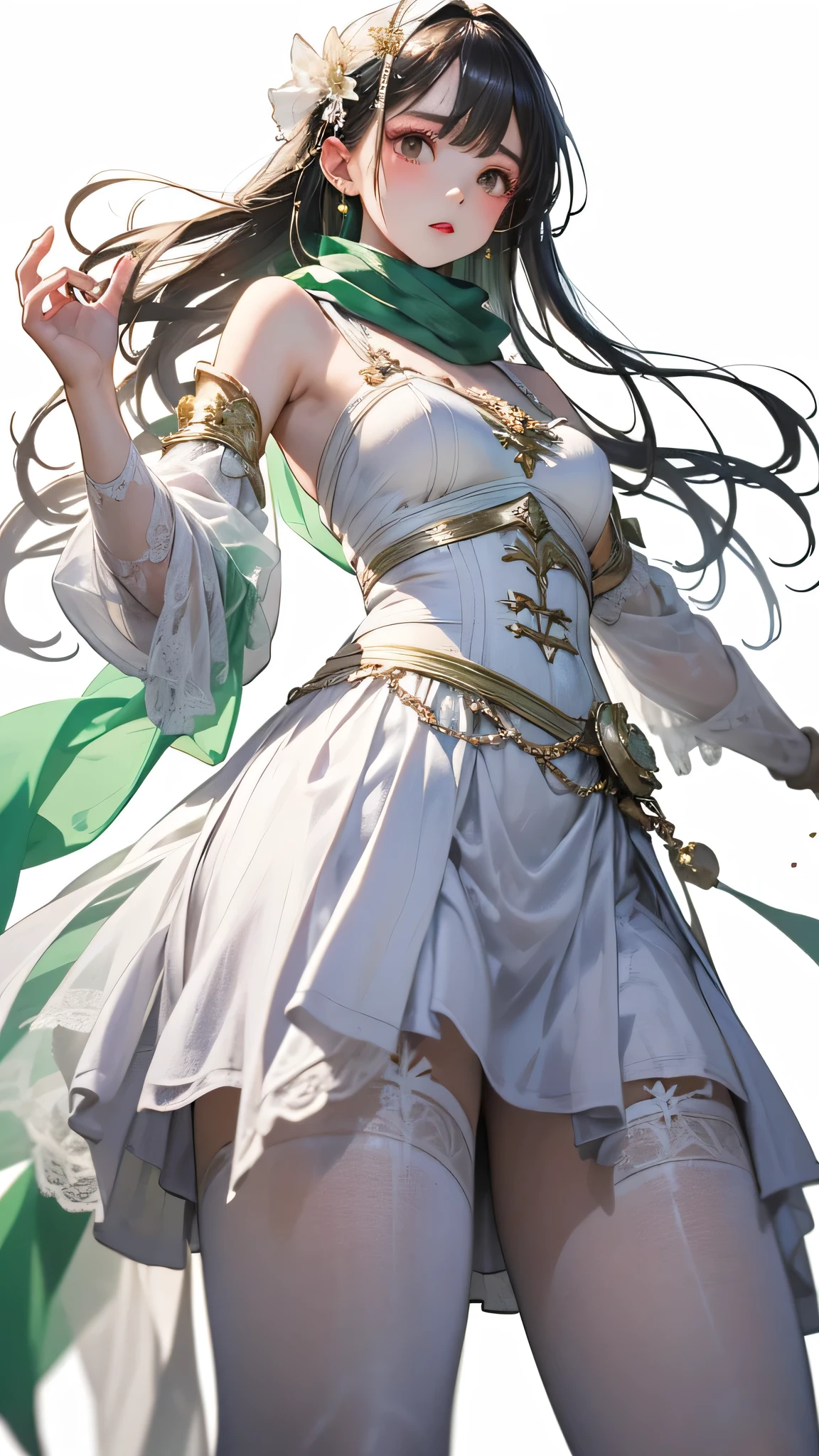 masterpiece, highest quality, Realistic, (1 girl: 1.3), green、Money、White clothes, Shawl Long Hair, Jump, leap, dance, green、Money、White clothes, Long skirt, Long scarf, Flowing, Light Armor, Pure white skin, Exposing shoulders, whole body, (From below:1.5), martial arts, dynamics, inflammation, particle