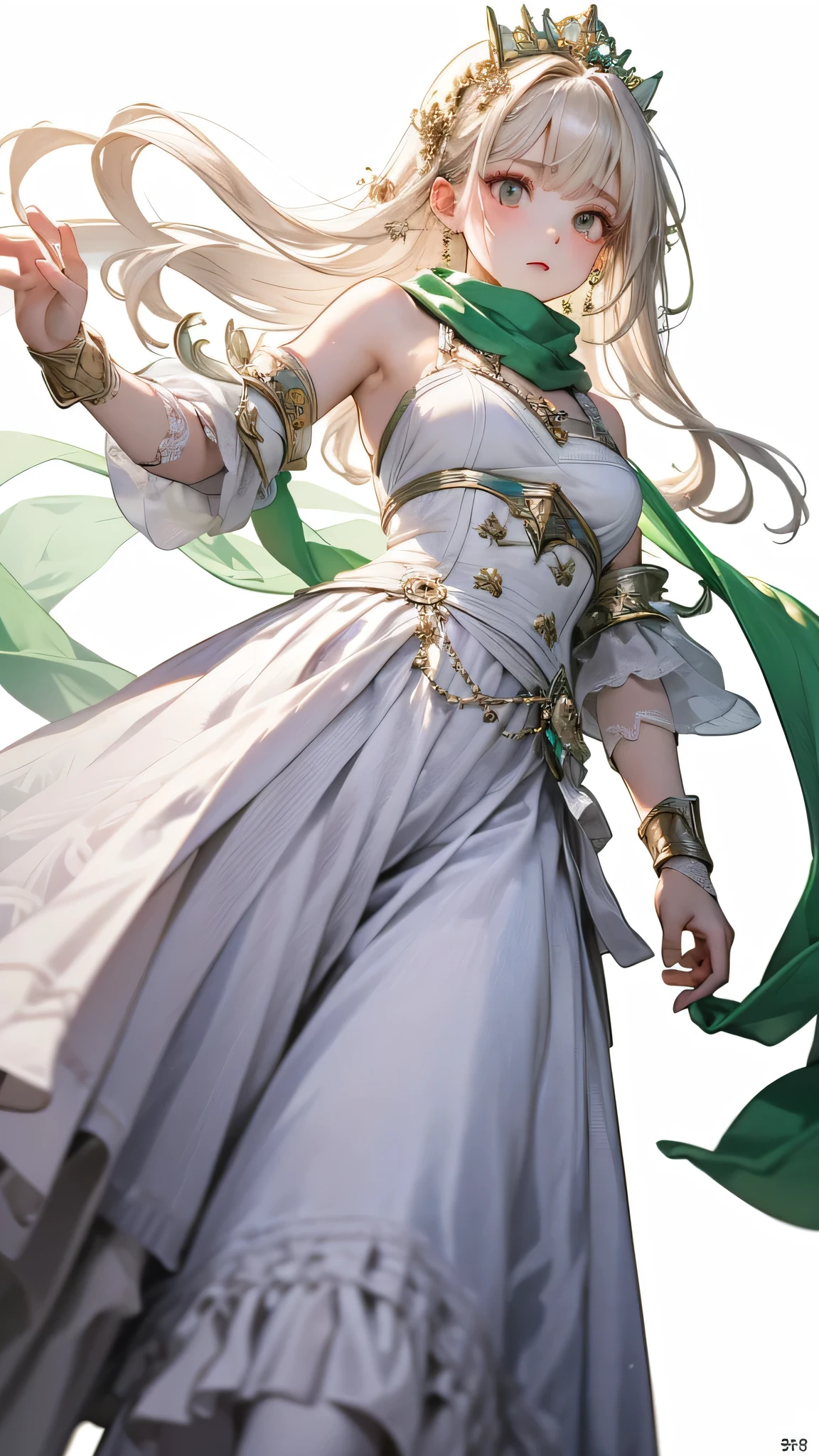 masterpiece, highest quality, Realistic, (1 girl: 1.3), green、Money、White clothes, Shawl Long Hair, Jump, leap, dance, green、Money、White clothes, Long skirt, Long scarf, Flowing, Light Armor, Pure white skin, Exposing shoulders, whole body, (From below:1.5), martial arts, dynamics, inflammation, particle