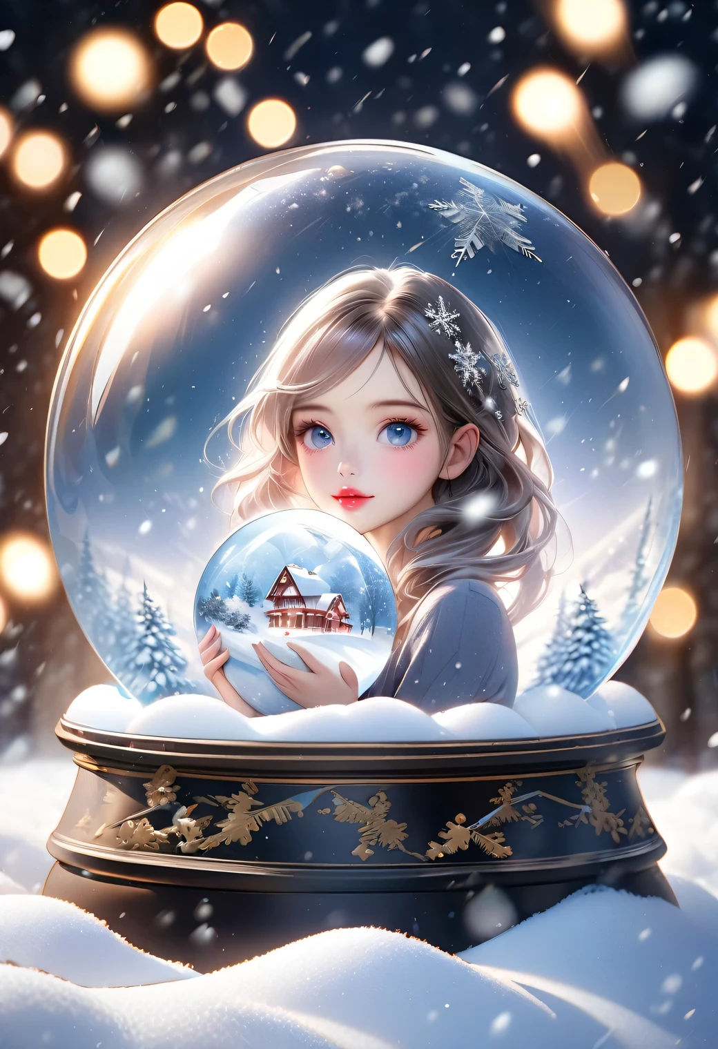 masterpiece:1.2, highres, highest quality, beautiful detailed, ultra-realistic, photorealistic:1.37, (double exposure cute girl in the spherical snow globe:1.5), (layered cute girl holding spherical globe):1.2, crescent moon, beautiful snowing world, snow flakes, beautifuldelicate(hair, eyes, pupils, lips, snow flake)