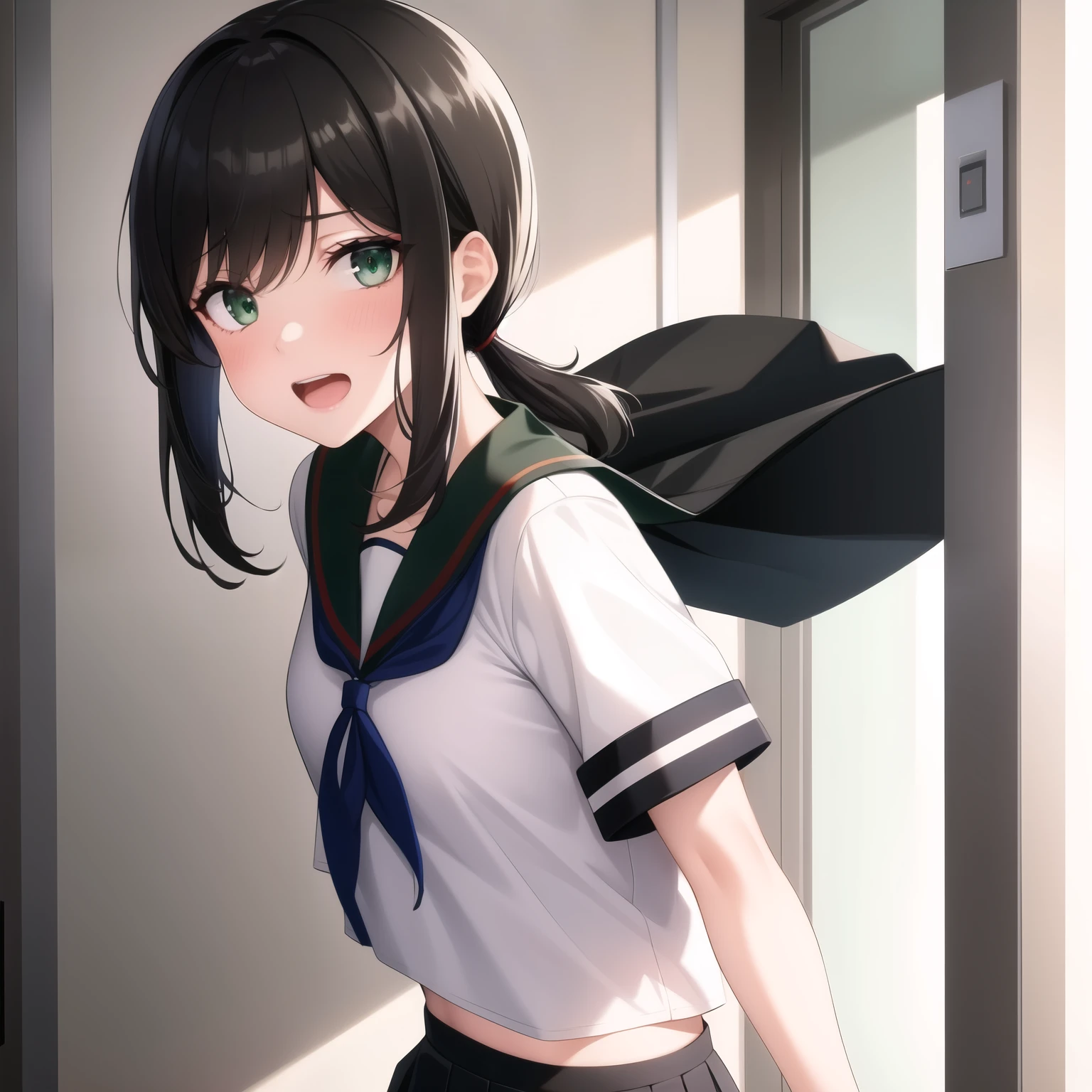 emlassed,hands behind body,emerald eyes,nsfw,from front,sad,surprised ,open mouth,studio,upper body,portlate,(masterpiece, best quality:1.2),illustration,8k,hd,1girl,solo,black_hair,short_ponytail,serafuku,sidelocks,low_ponytail,green_eyes,smile,black_eyes,school_uniform,pleated_skirt,skirt,
