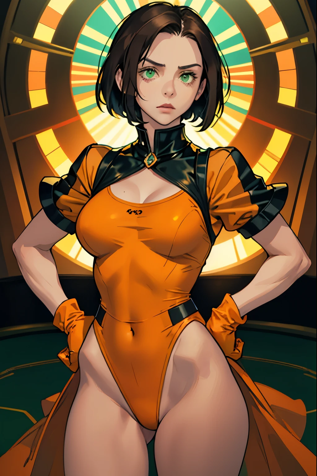 One girl, Mature Adult, Dark brown hair, Orange leotard,gloves, Hands on hips, casino, bracelet, Green Eyes, alone, single, Bob Hair