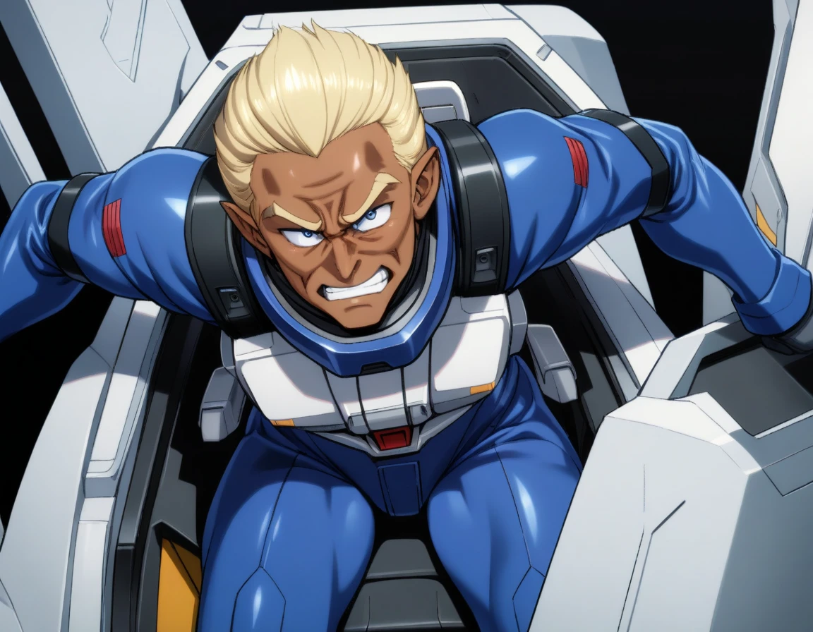 1man, veteran soldier, brown skin, wavy pulled back hair, medium-short hair, pointy nose, forehead, blue eyes, blond mature, facial wrinkles, chiseled face, middle-muscular male, 40yo, ideal ratio body proportions, masculine, square-shaped, BREAK solo, blue pilotsuit, black detailed pilotsuit, sitting, gundam cockpit, holding handles by both arms, from diagonally forward, upper waist, dramatic expression, in robot anime style, 1990s, masterpiece, best quality, extremely all detailed, realisitic