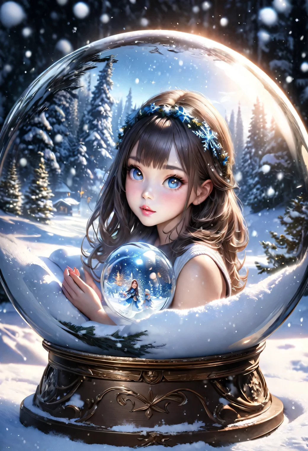 masterpiece:1.2, highres, highest quality, beautiful detailed, ultra-realistic, photorealistic:1.37, (double exposure cute girl in the spherical snow globe:1.5), (layered cute girl holding cute girl in the spherical snow globe):1.2, crescent moon, beautiful snowing world, snow flakes, beautifuldelicate(hair, eyes, pupils, lips, snow flake)