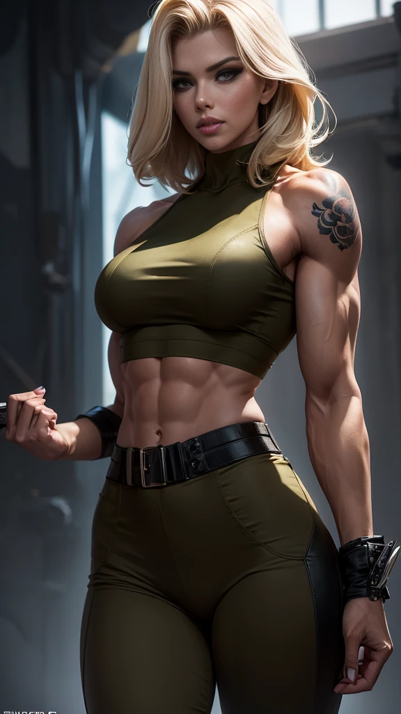 A gorgeous and stunning Scarlett Johansson fighting on the battlefield, smirking sadistically, smiling sadistically, high rank, dominant, challenging demeanor, smug, teasing, tall, statuesque, imposing, towering, biceps, triceps, eight pack abs, extremely defined abs, tank top, wide shoulders, narrow hips, narrow waist, huge breasts, slim, slender, toned, long eyelashes, make up, perfect eyes, eyeliner, perfect lips, long fingers, delicate fingers, long nails, supermodel, tattoo on shoulder, (military uniform), tanned skin, official uniform, colonel, marshal, lieutenant, platinum blonde,
