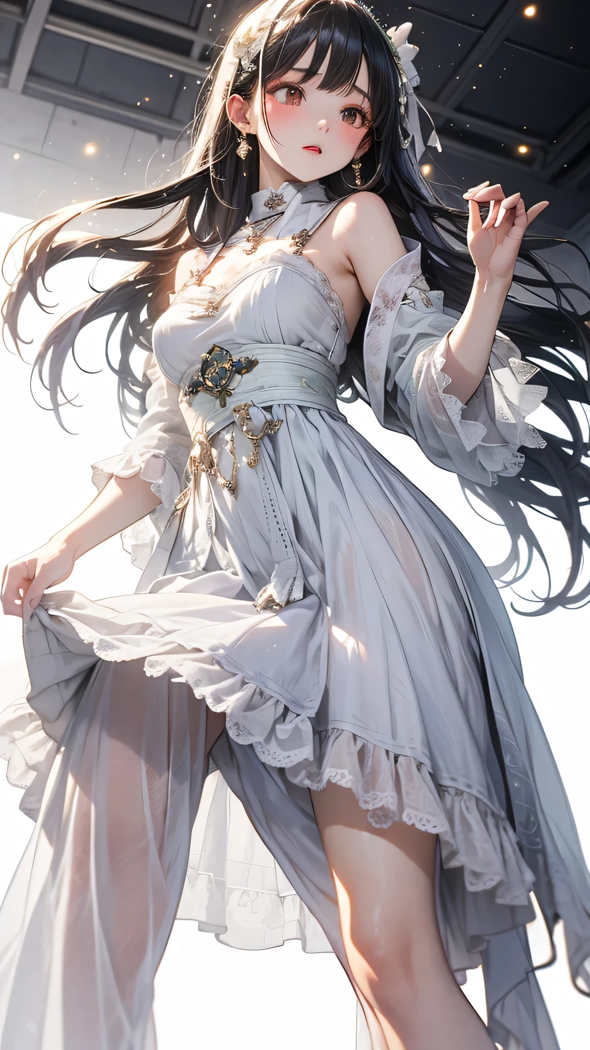 masterpiece, highest quality, Realistic, (1 girl: 1.3), green、Money、White clothes, Shawl Long Hair, Jump, leap, dance, green、Money、White clothes, Long skirt, Long scarf, Flowing, Light Armor, Pure white skin, Exposing shoulders, whole body, (From below:1.5), martial arts, dynamics, inflammation, particle