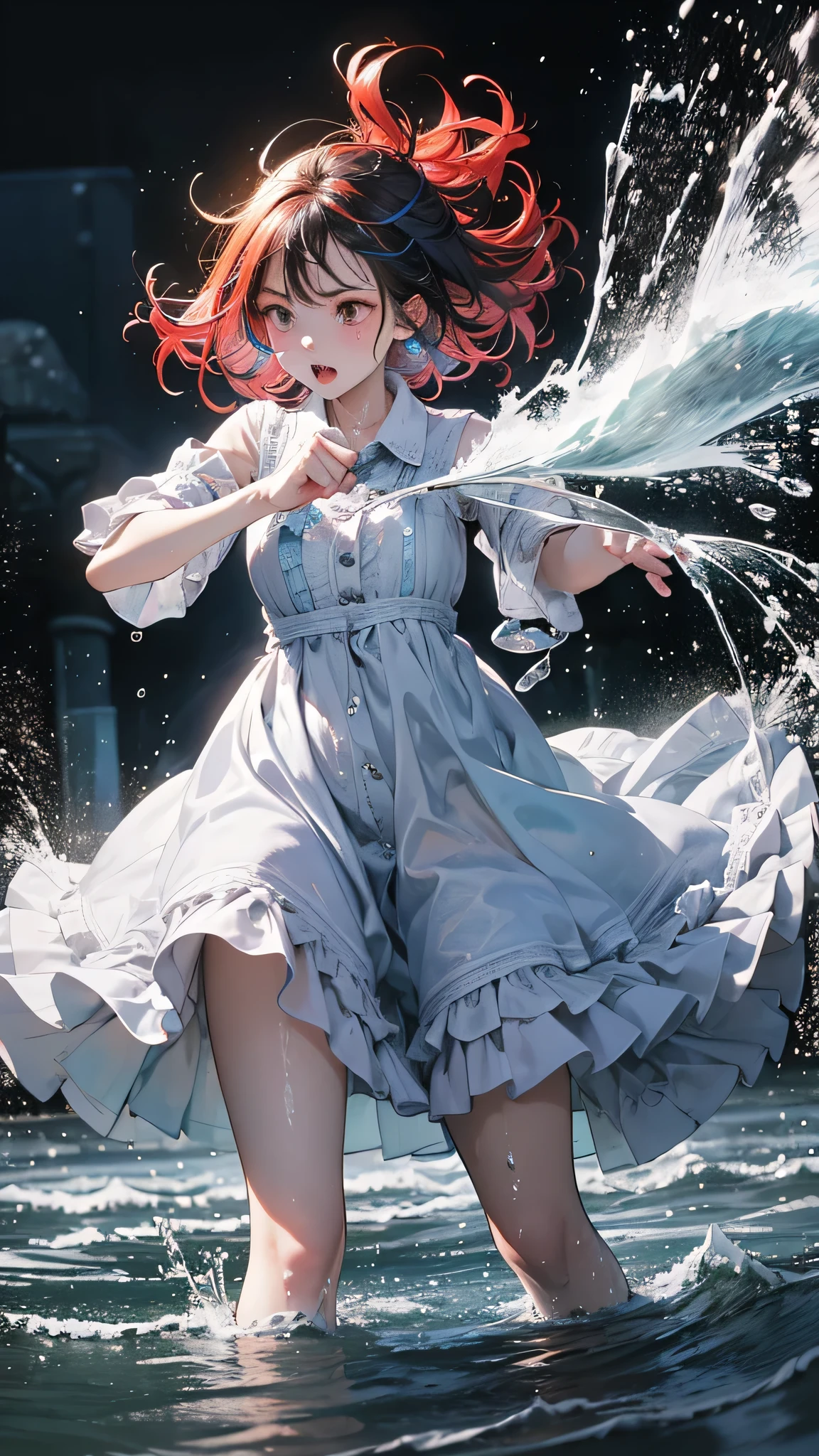 masterpiece, highest quality, (Dynamic pose:0.5), Absurd, One girl, Fighting Pose, Punch Water, (Attacking with water:1.5) Wet clothes, wet hair, Wet Face, Water behind a person, Multicolored Hair, (Wind:1.4)