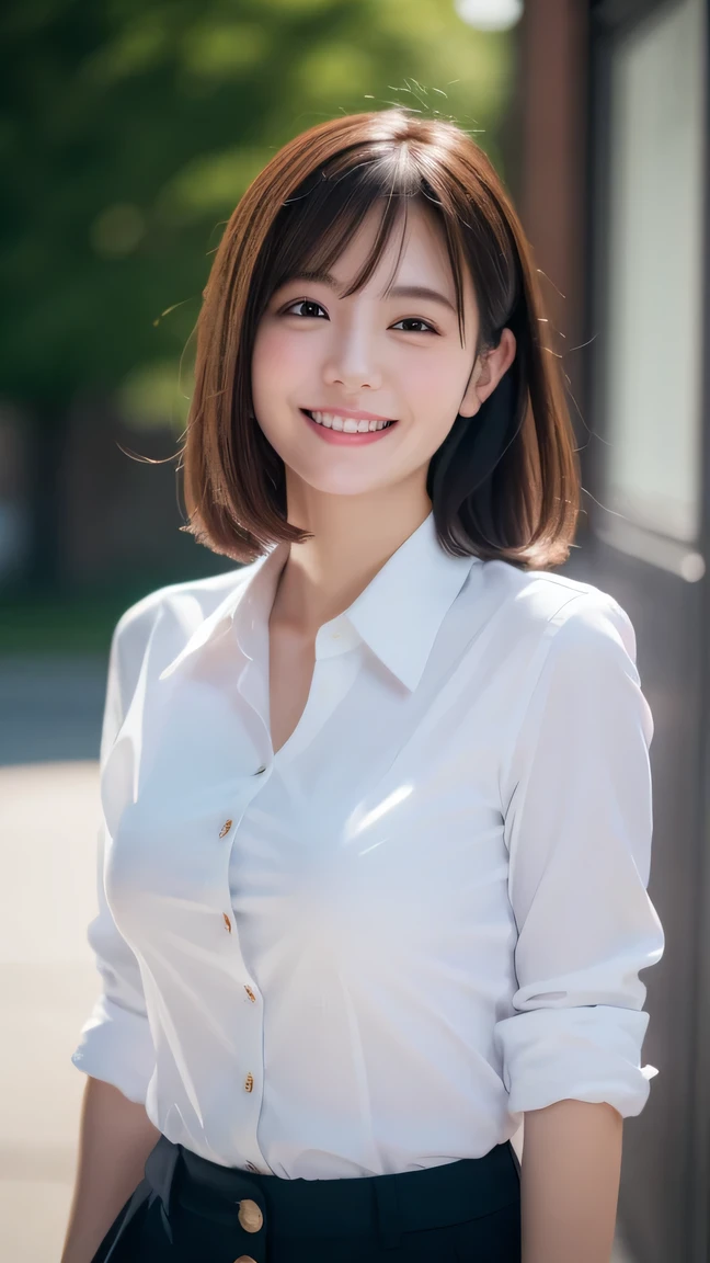 Enhanced dynamic perspective，Cute cute beautiful girl，JK ，Look at me and smile，simple backgound，Works of masters，high quarity，4K resolution，super-fine，Detailed pubic hair，precise，Cinematic lighting，Leaves the original facial proportions、(large full breasts)、((buttonGap)), white shirt, 
