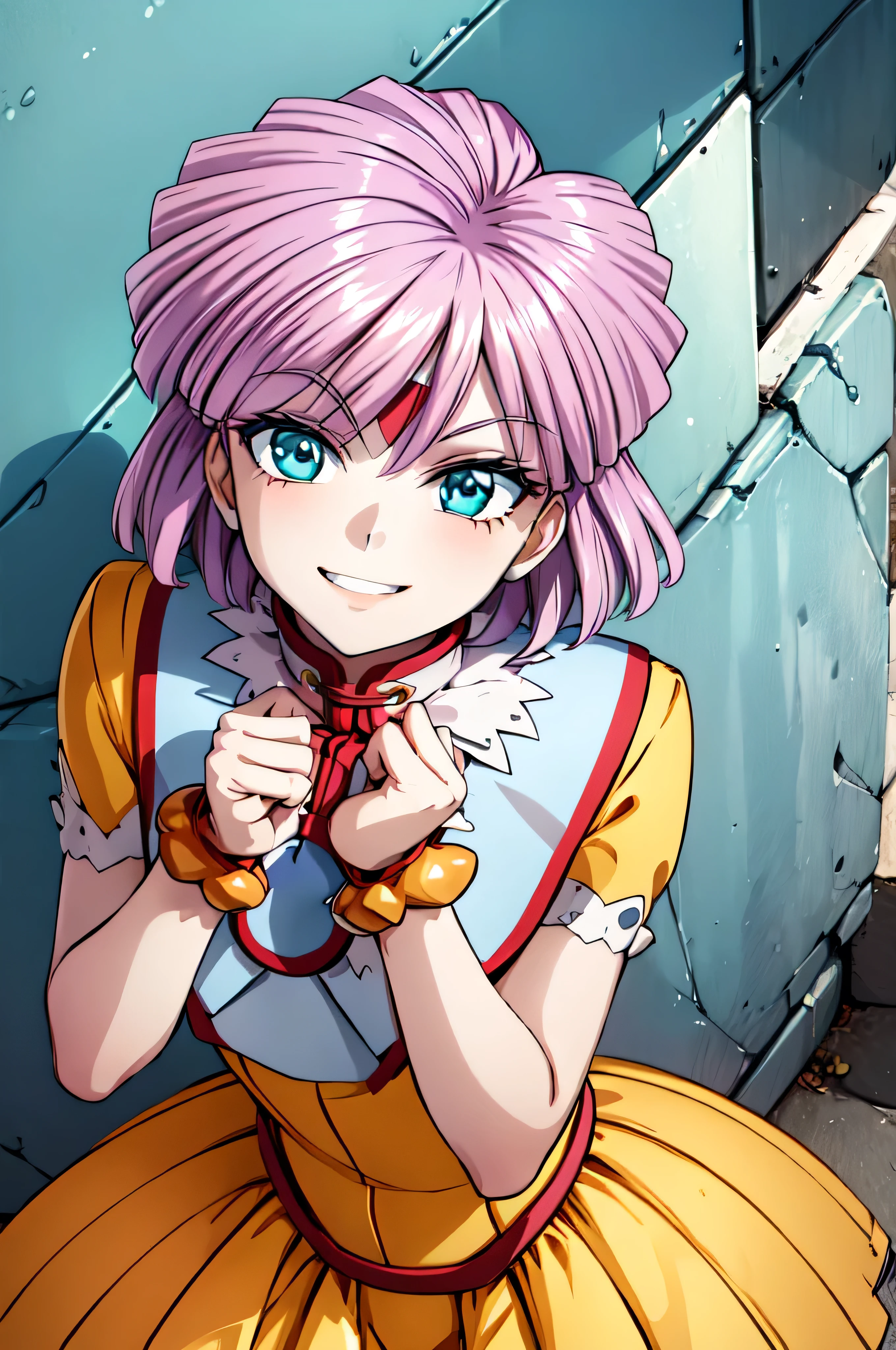 (masterpiece, best quality:1.2), solo, 1girl, srw_tis,evil smile,evil smirk, blue green eyes, yellow pleated skirt, white jewelry, looking at viewer, shaded face,laugh face,smile bad,