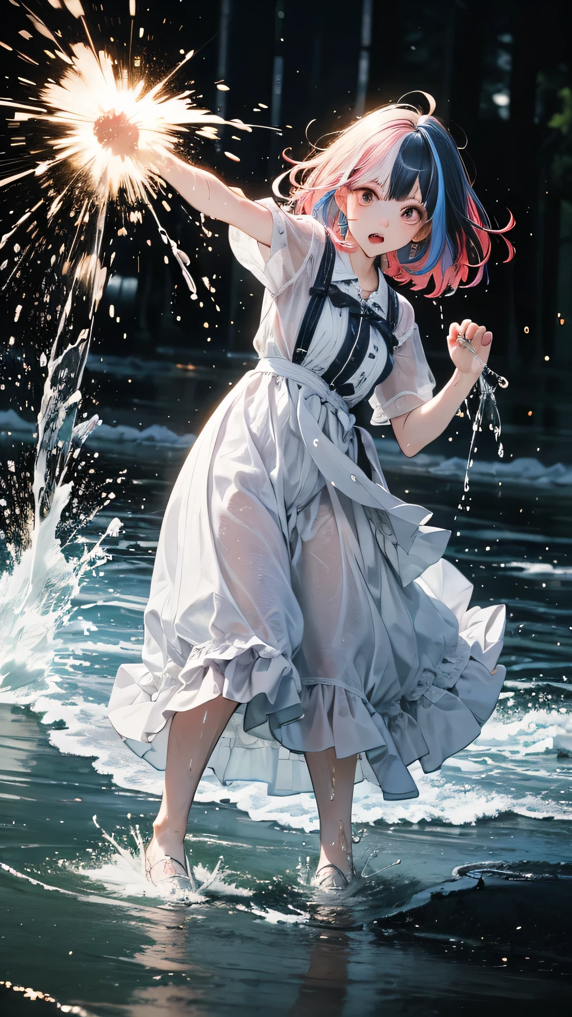 masterpiece, highest quality, (Dynamic pose:0.5), Absurd, One girl,  Fighting Pose, Punch Water, (Attacking with water:1.5) Wet clothes, wet hair, Wet Face, Water behind a person, Multicolored Hair, (Wind:1.4)