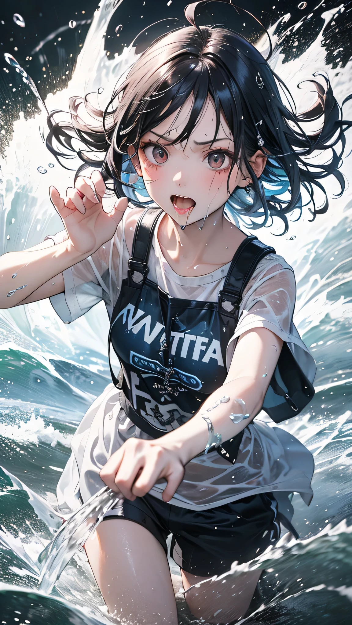 masterpiece, highest quality, (Dynamic pose:0.5), Absurd, One girl,  Fighting Pose, Punch Water, (Attacking with water:1.5) Wet clothes, wet hair, Wet Face, Water behind a person, Multicolored Hair, (Wind:1.4)