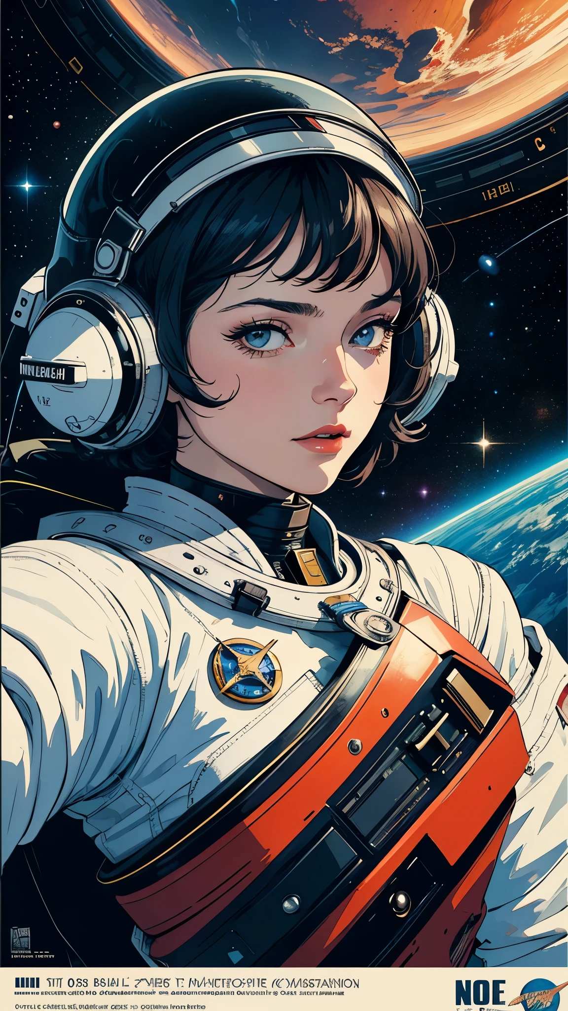 ((masterpiece, highest quality)), 32k wallpaper, very detailed, poster, vintage science fiction, 1960s,(((space thriller cinematic movie poster))), (bauhaus), shape,abstract, mid century modern, movie poster, vintage, Perfect Lady,anime,1970's,halftone,speech bubble,galaxy,(super hero),((portfolio,Close-up)),future,mechanical,