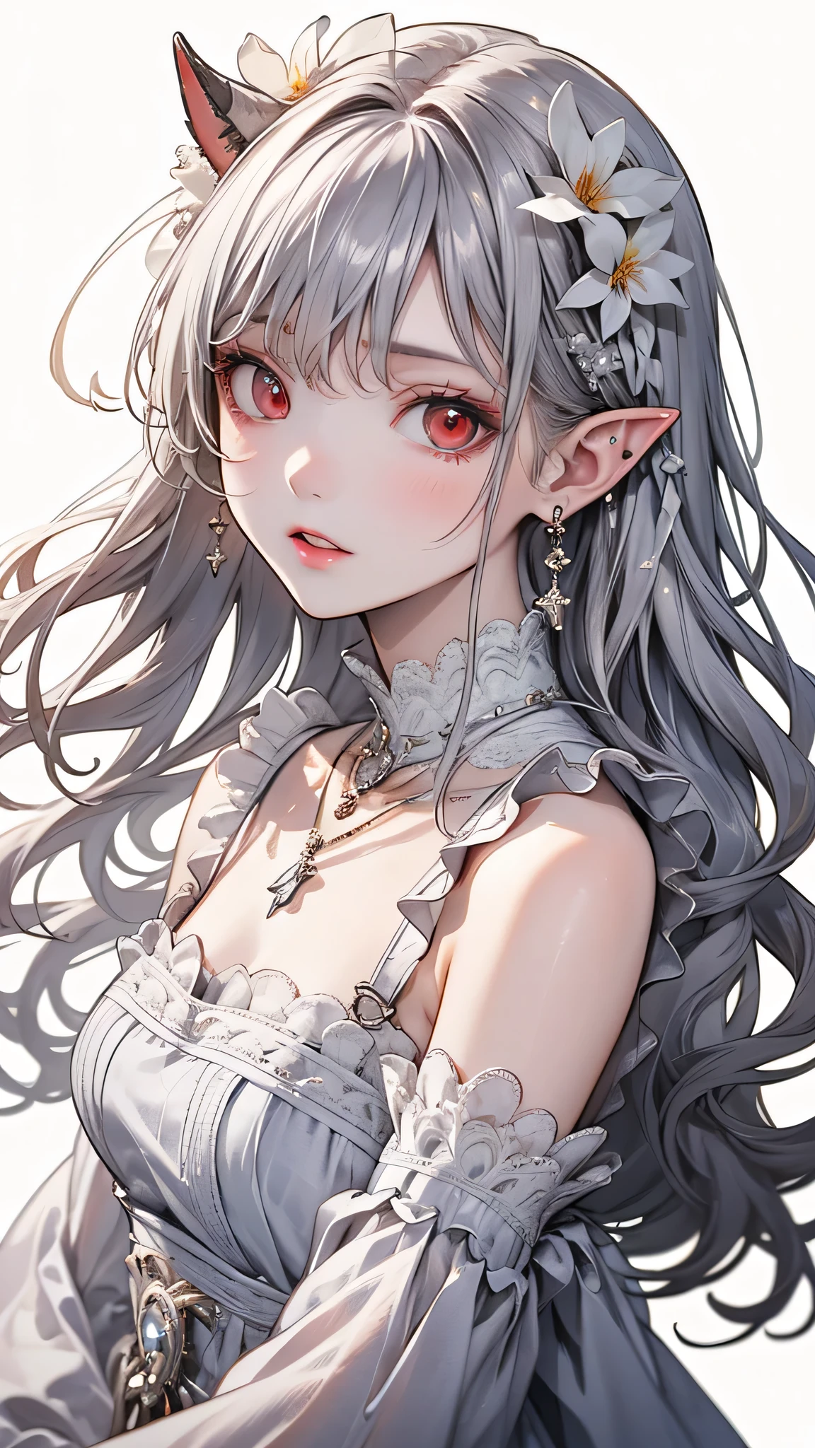 {{masterpiece}},highest quality,Very detailed,Very detailed CG Unity 8k wallpaper,An illustration, One girl, Red eyes, Wavy silver hair, Pointed Ears, vampire, dress, necklace, Hair Flowers, snow, ice, whole body, shot,High Close-up, Very detailed,Center Frame,Sharp focus, View Viewer, Floating hair,