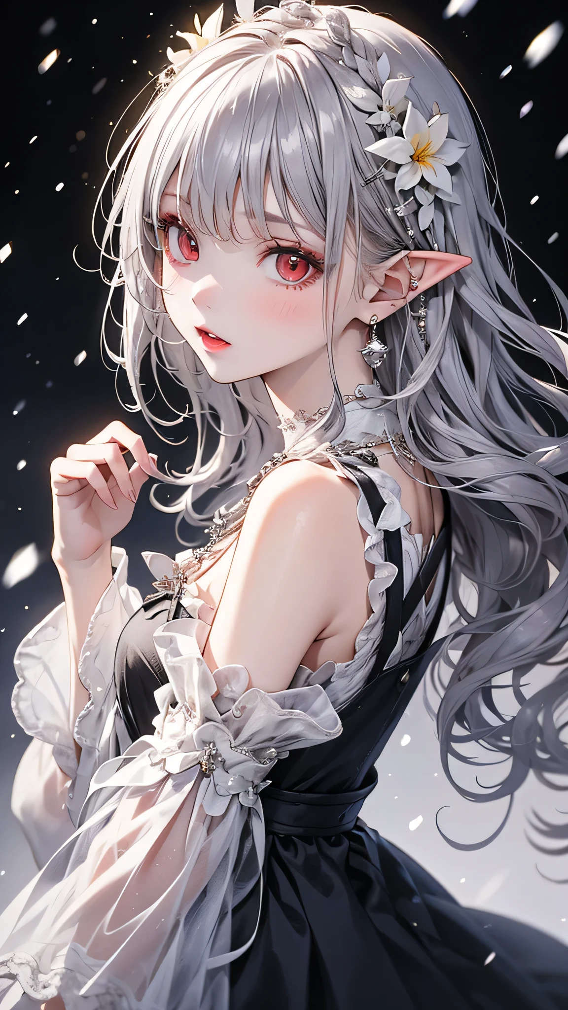 {{masterpiece}},highest quality,Very detailed,Very detailed CG Unity 8k wallpaper,An illustration, One girl, Red eyes, Wavy silver hair, Pointed Ears, vampire, dress, necklace, Hair Flowers, snow, ice, whole body, shot,High Close-up, Very detailed,Center Frame,Sharp focus, View Viewer, Floating hair,