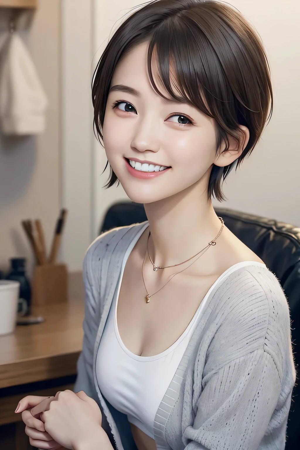 205 ((short hair)), 20-year-old female, In underwear、cardigan、Open your mouth、smile、Beautiful teeth alignment、Black Hair、ear piercing、Necklace around the neck、Looking into the camera, Waiting for the start