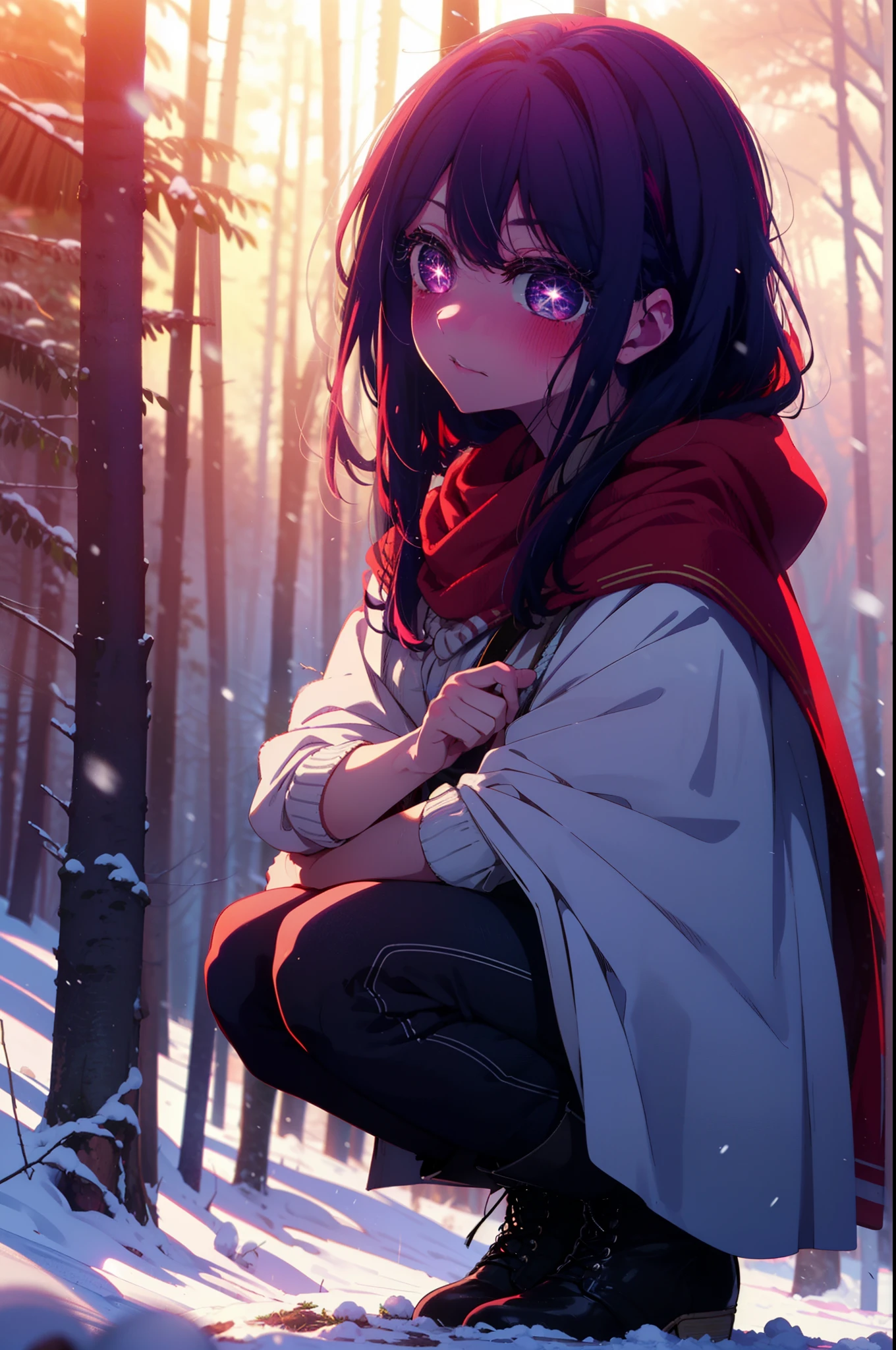 aihoshino, Ai Hoshino, Long Hair, bangs, (Purple eyes:1.1), Purple Hair, (Symbol-shaped pupil:1.5), smile,,smile,blush,White Breath,
Open your mouth,snow,Ground bonfire, Outdoor, boots, snowing, From the side, wood, suitcase, Cape, Blurred, , forest, White handbag, nature,  Squat, Mouth closed, Cape, winter, Written boundary depth, Black shoes, red Cape break looking at viewer, Upper Body, whole body, break Outdoor, forest, nature, break (masterpiece:1.2), highest quality, High resolution, unity 8k wallpaper, (shape:0.8), (Beautiful and beautiful eyes:1.6), Highly detailed face, Perfect lighting, Extremely detailed CG, (Perfect hands, Perfect Anatomy),