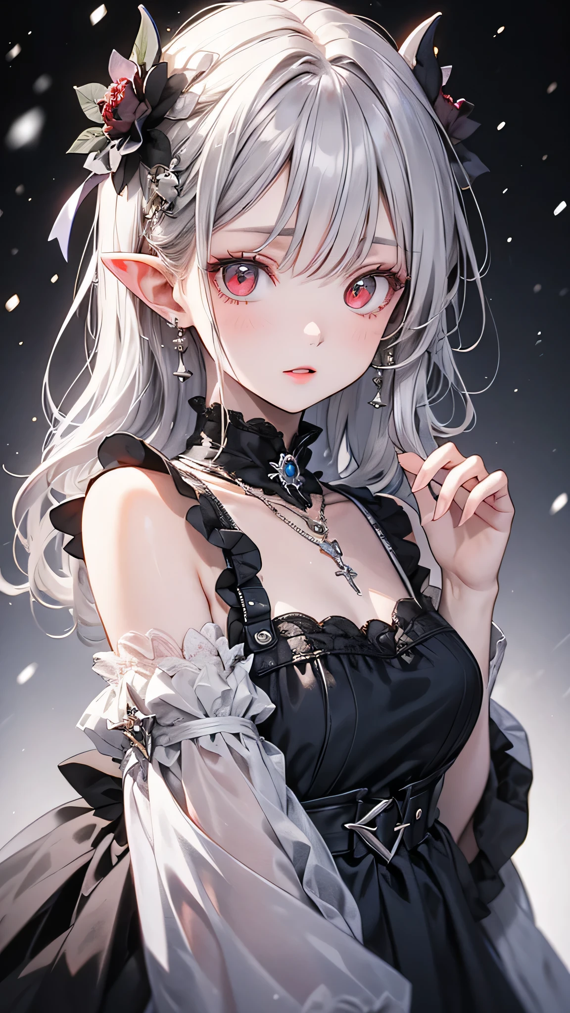 {{masterpiece}},highest quality,Very detailed,Very detailed CG Unity 8k wallpaper,An illustration, One girl, Red eyes, Wavy silver hair, Pointed Ears, vampire, dress, necklace, Hair Flowers, snow, ice, whole body, shot,High Close-up, Very detailed,Center Frame,Sharp focus, View Viewer, Floating hair,