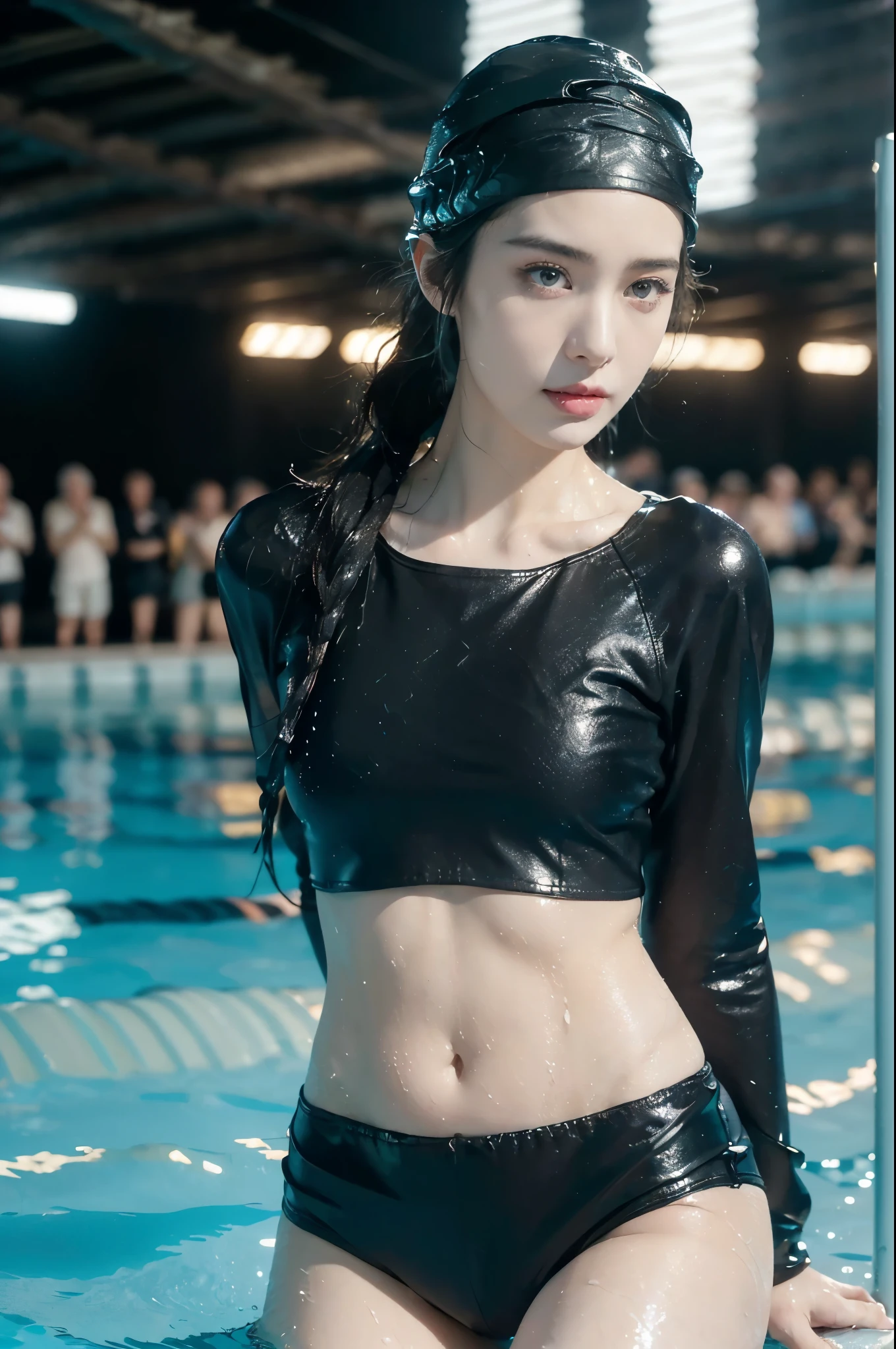 (Extremely meticulous CG),(((8k))),wallpaper,((Extremely refined and beautiful)),(((Masterpiece))),(((best qualtiy))),(((Ultra High Resolution))),beautiful light up,realistic shaded,(Smooth and flawless fair skin:1.5),(Extremely exquisite facial details:1.3),(ultra-detailed:1.5),((a beautiful girl,solo)),(black swimming cap on head:1.5),(short ponytail:1.2),(small head:1.2),(slender face:1.2),(Exquisite makeup:1.3),(wet:1.5),(sweat:1.5),(happy:1.2),(laughing:1.2),(perfect body:1.1),(pale skin:1.3),(shiny skin:1.5),((slim,thin)),(small breasts:1.2),(flat chests:1.2),(long sleeves:1.2),(torn black swimming shirt:1.5),(navel:1.3),(swimming shorts:1.3),(standing in the water:1.3),(the lower body below the neck is in water:1.3),(At the swimming pool:1.3),(In the swimming pool:1.3),(clear water:1.3),(indoor:1.2),(Cyberpunk style:1.3),(neon lights:1.3),(night scene:1.3),(detailed background:1.5),(upper body:1.3),(from front:1.3),(surrounded by crowded crowds of old men:1.5)