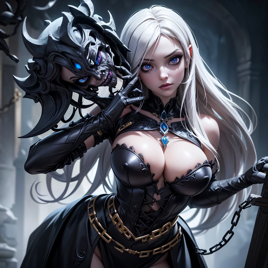 a terrifying undead lich, a powerful elderly female sorcerer,(beautiful detailed eyes,beautiful detailed lips,extremely detailed eyes and face,longeyelashes), alluring and repulsive, between the illusion of a vital sexy woman and a rotten corpse, inspecting her prisoners (an adventuring of young, vital scantily clad women restrained by magic and chains to her dungeon wall), deciding who to love and devour, dark fantasy, cinematic lighting, dramatic shadows, moody atmosphere, highly detailed, intricate, masterpiece,4k,8k,highres,ultra-detailed,(realistic,photorealistic,photo-realistic:1.37),HDR,UHD,studio lighting,ultra-fine painting,sharp focus,physically-based rendering,extreme detail description,professional,vivid colors,bokeh,horror,dark,gothic,dramatic
(show her from head to toe, show all of her, show her entire body)