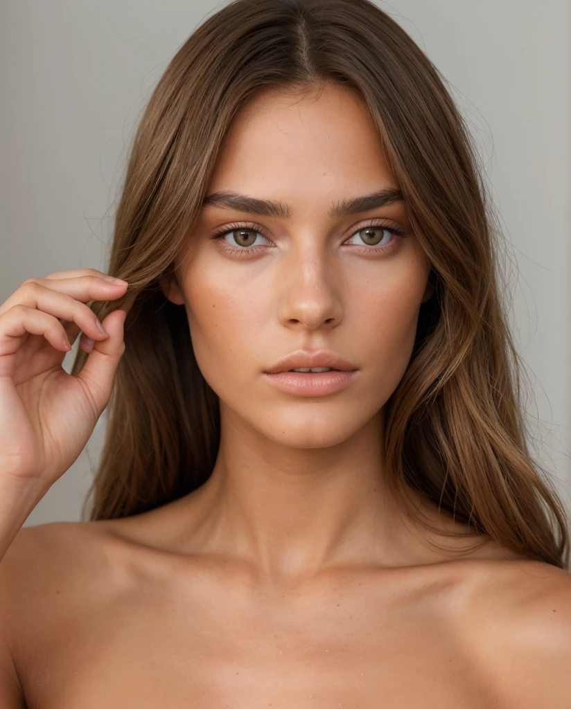 portrait de mannequin instagram, cheveux bruns, visage parfait, bronzage de la peau, Victoria&#39;s Secret Model, beauty mega arab model, yeux vert clair, natural lighting, look sexy et arrogant, aucune dent visible, closed mouth, petit nez pointu