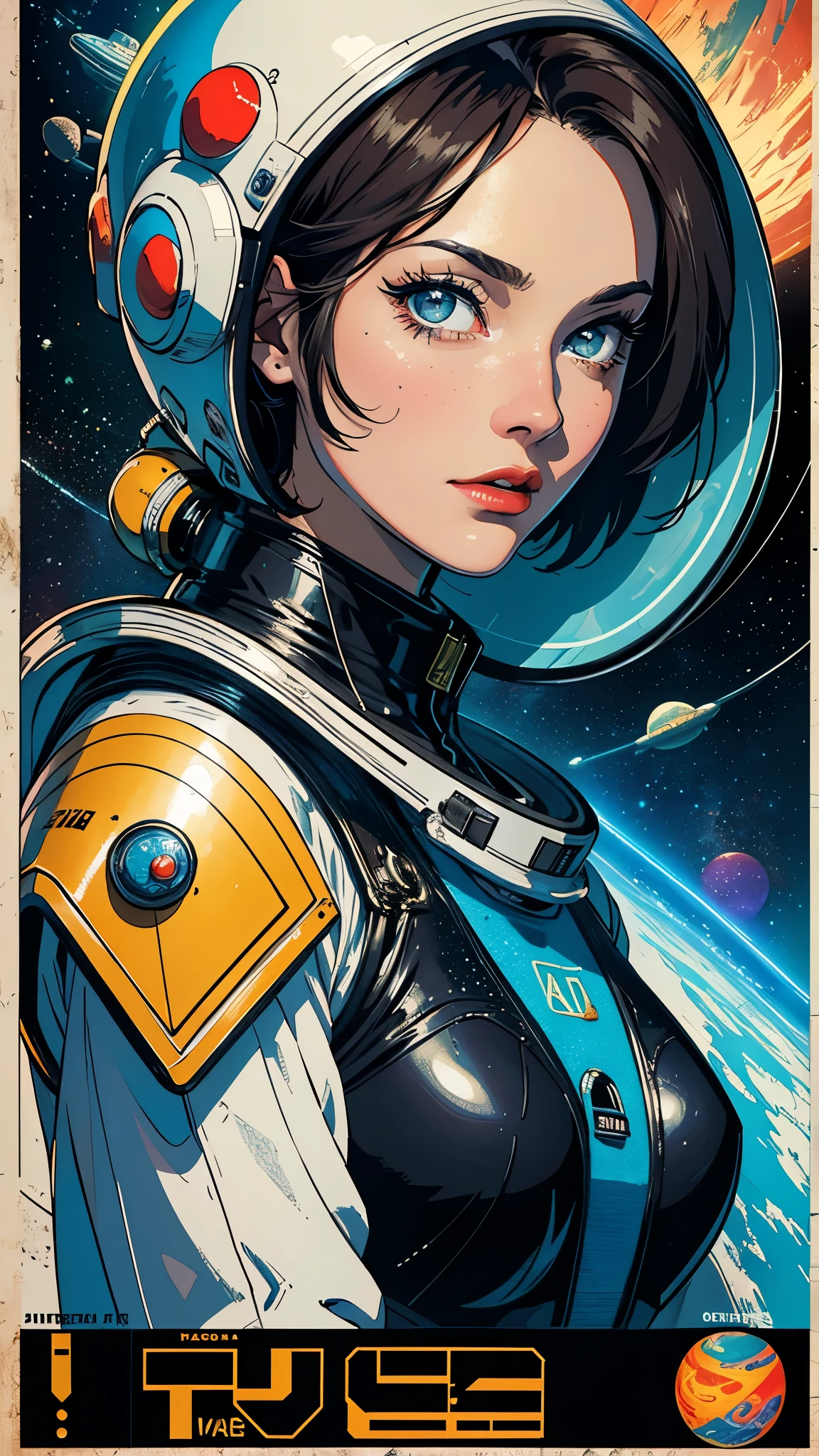((masterpiece, highest quality)), 32k wallpaper, very detailed, poster, vintage science fiction, 1960s,(((space thriller cinematic movie poster))), (bauhaus), shape,abstract, mid century modern, movie poster, vintage, Perfect Lady,anime,1970's,halftone,speech bubble,galaxy,(super hero),((portfolio,Close-up)),future,mechanical,